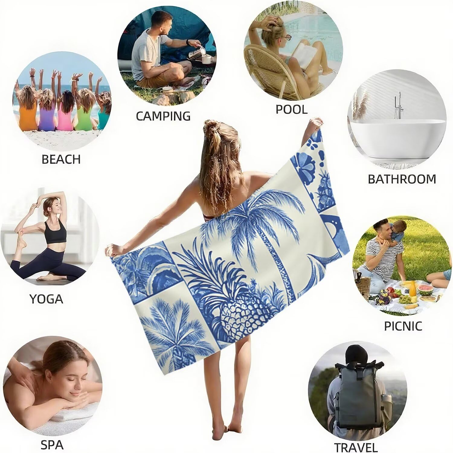 Toalla Playa Microfibra 150x200 Planta Diseño Super Absorbente Sin Arena Toalla Playa, con Cuerda Elástica, Ligero, Hombre, Mujer Ideal Toallas de Baño, Aplicable Gimnasio,Viajes, Natación, Azul p-498