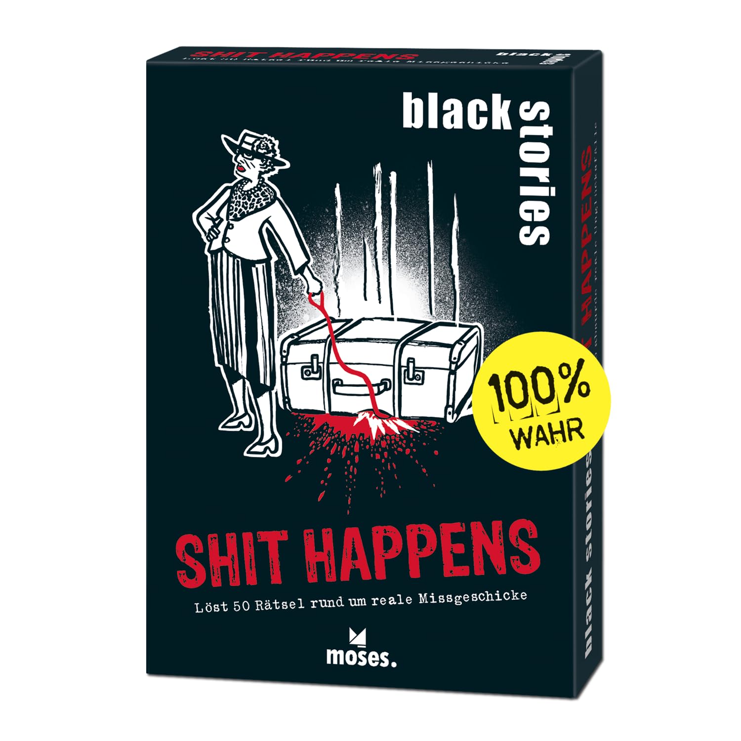 moses. Black Stories Happens - 50 Puzzles about Real Mishaps, Crime Card Game with Game Variant and Score Chips, Puzzle Game for Teenagers and Adults