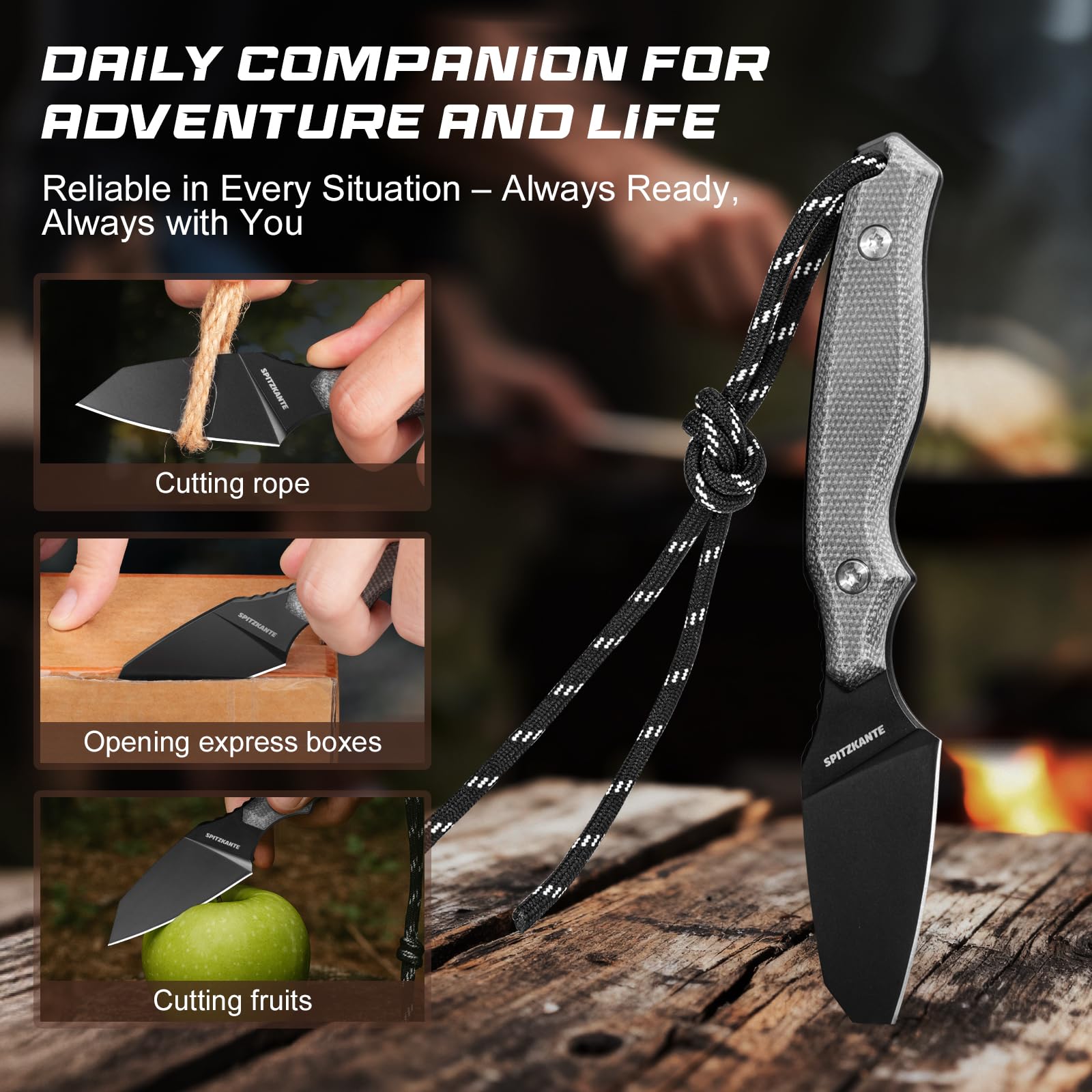 EDC couteau lame fixe, 7,2 cm lame, couteau de survie en acier 8Cr14MoV, Full-Tang, Reverse Tanto de survive avec manche en Micarta et étui Kydex pour camping