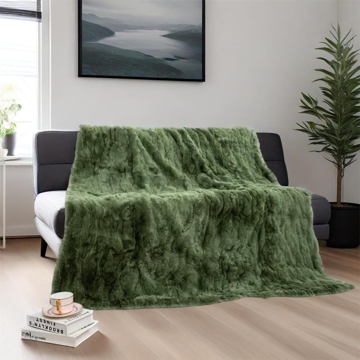 Luxury Rex Rabbit Hide Pelt Fur Throw Blanket for Couch Ultra Soft Plush Skin Warm Blanket Large Fuzzy Throw Bedspread for Sofa Bed Olive Green 55in x 78.7in