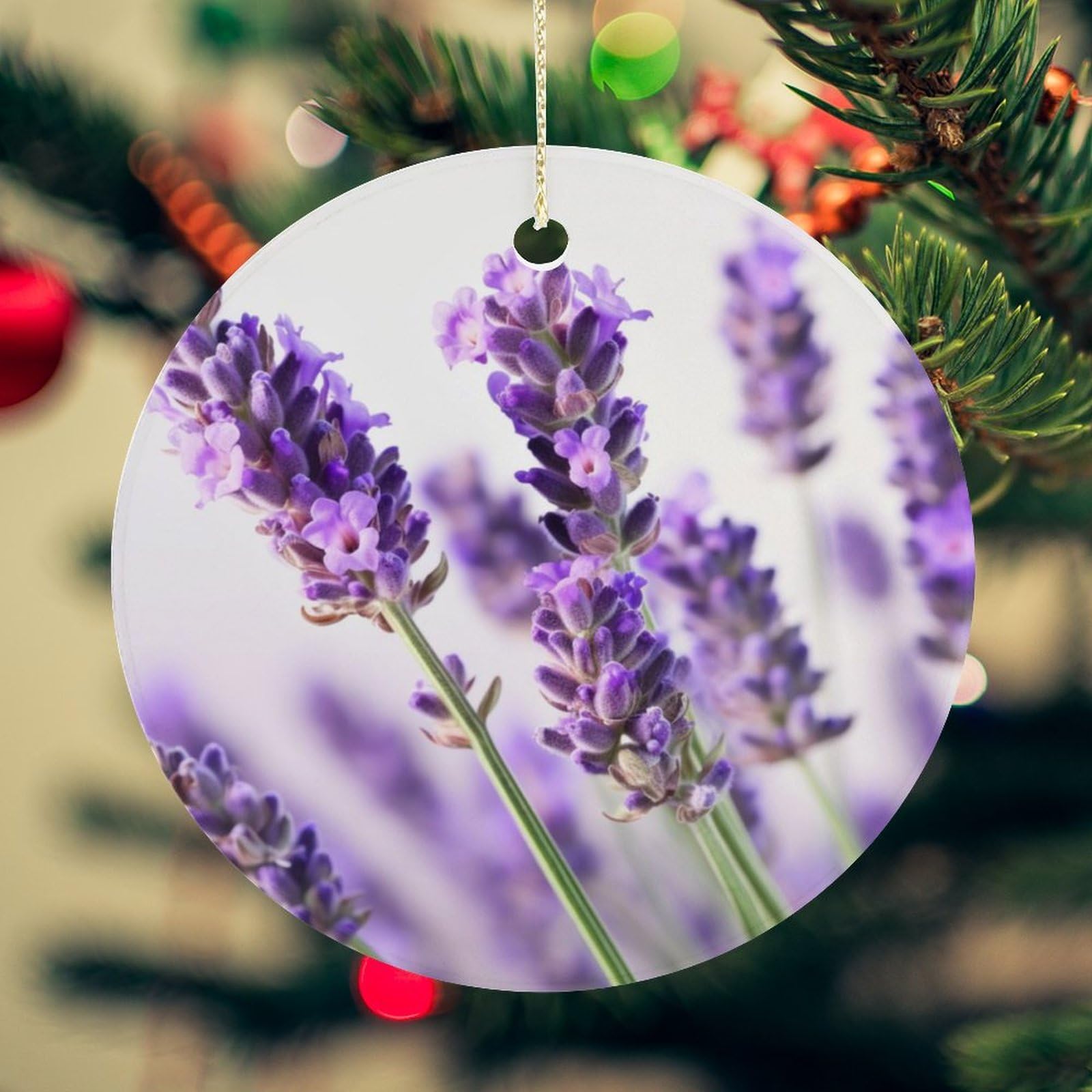 Lavender Flower Christmas Ornament for Christmas Tree Ceramic Round Ornament Winter Holiday Keepsake Gift 2.7" Christmas Tree Hanging Decorations Circle Ceramic Pendant Xmas Gift