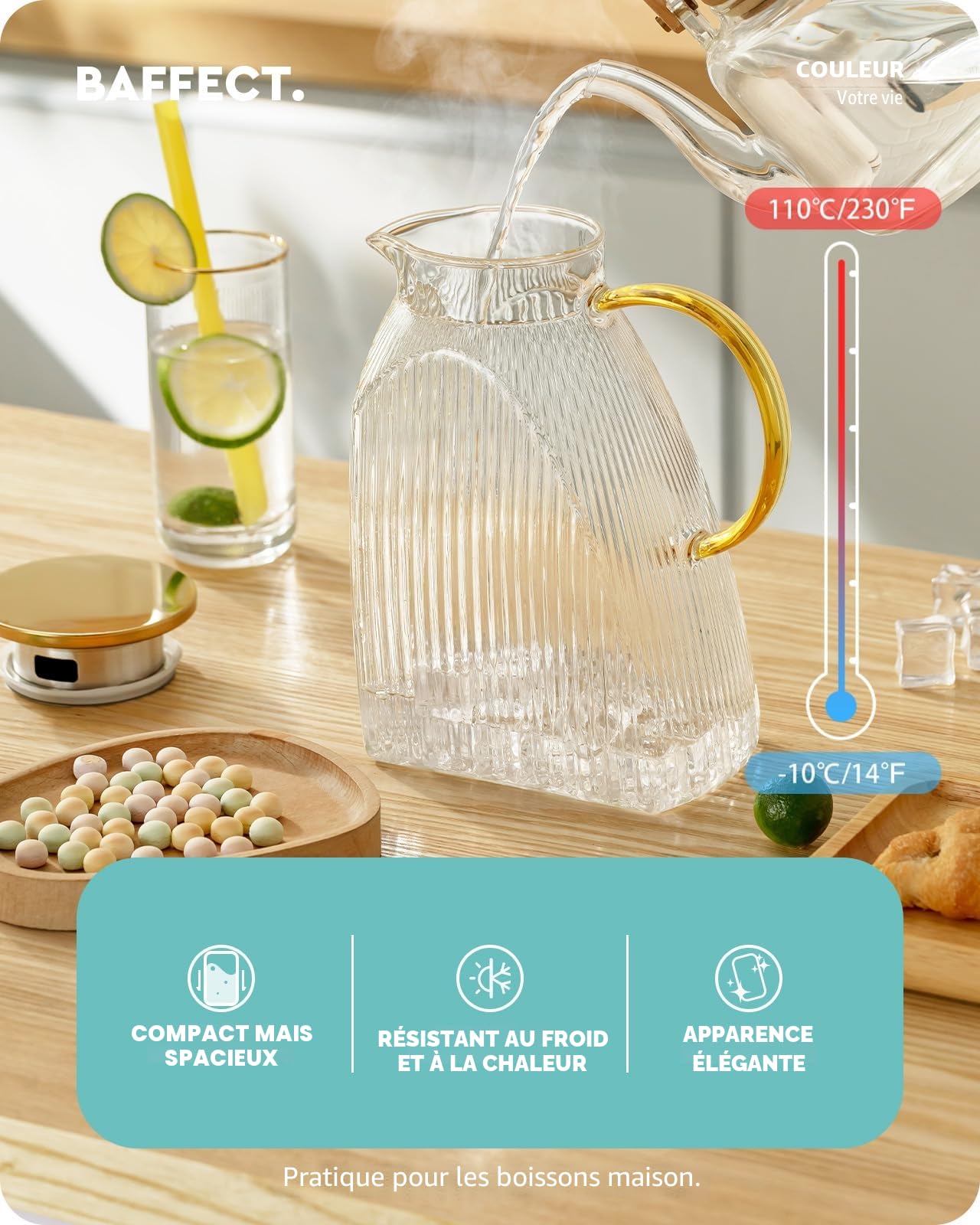 Baffect Carafe à eau pour porte de réfrigérateur, 1,8 l, en verre borosilicate avec couvercle en acier inoxydable, carafe pour boissons chaudes ou froides faites maison