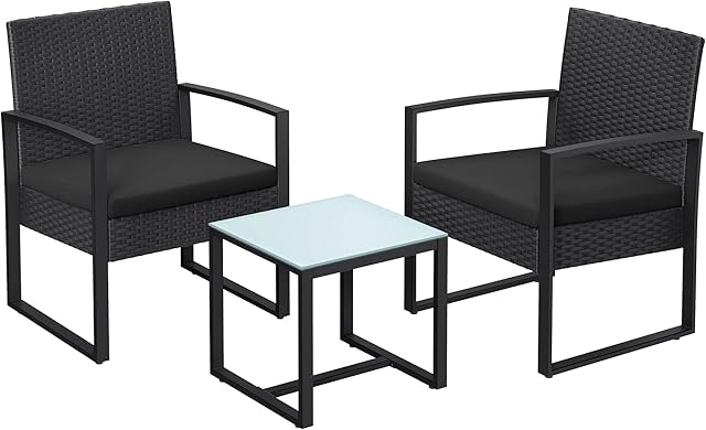 SONGMICS Garden Furniture Set, 3-Piece Outdoor Patio Furniture Sets, PE Rattan, Outdoor Seating for Bistro Front Porch Balcony, Easy to Assemble, 2 Chairs and 1 Table, Black GGF010B02