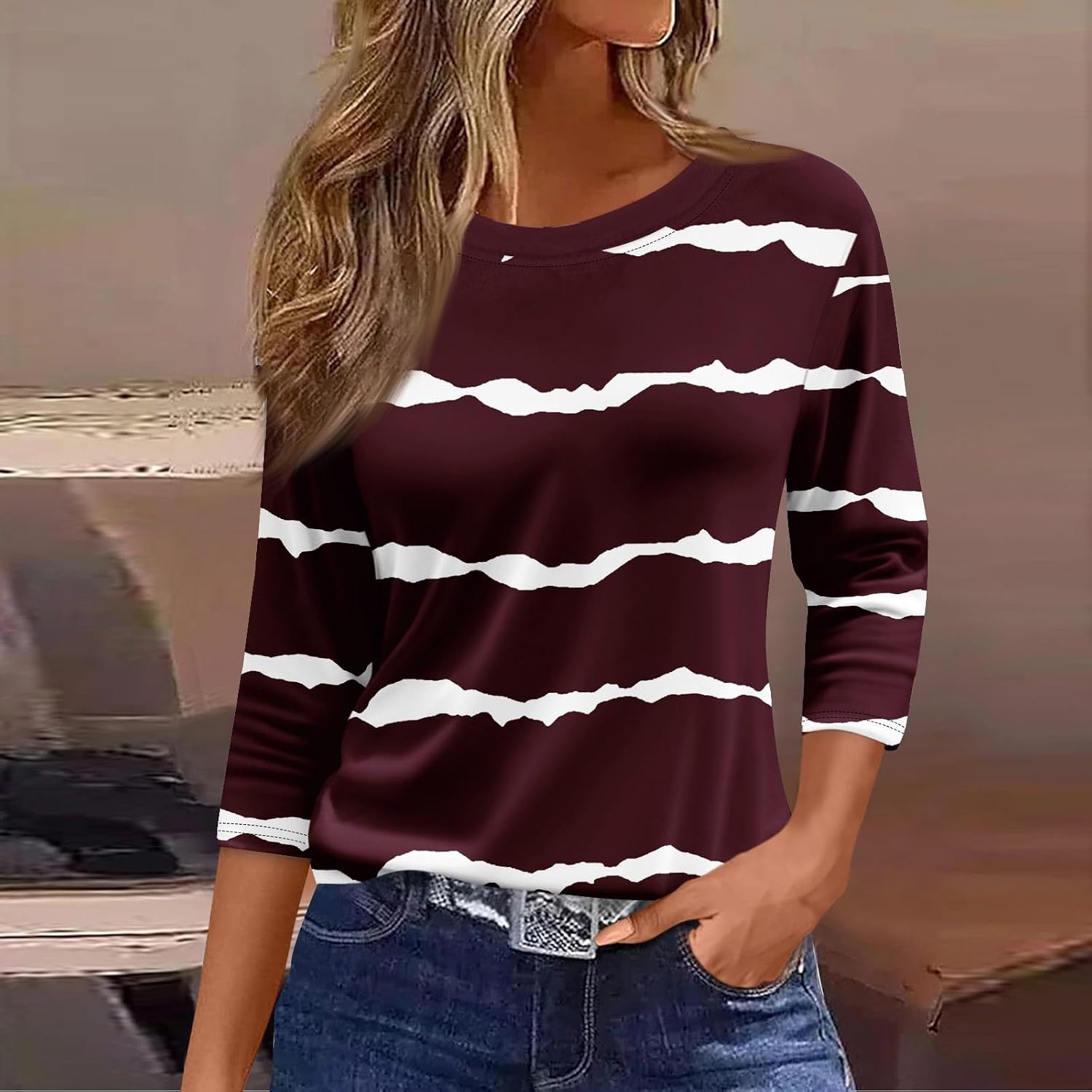 Women's Blouses, 3/4 Sleeve Shirts Round Neck Loose Blouses Summer Casual Basic Tops, S-2XL