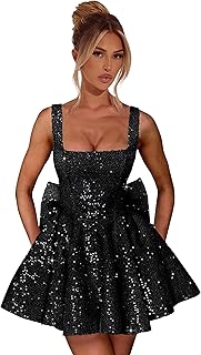 Sequin Short Homecoming Dress for Women 2025 Square Neck Sparkly Mini Evening Party Gowns with Bow - Buy now