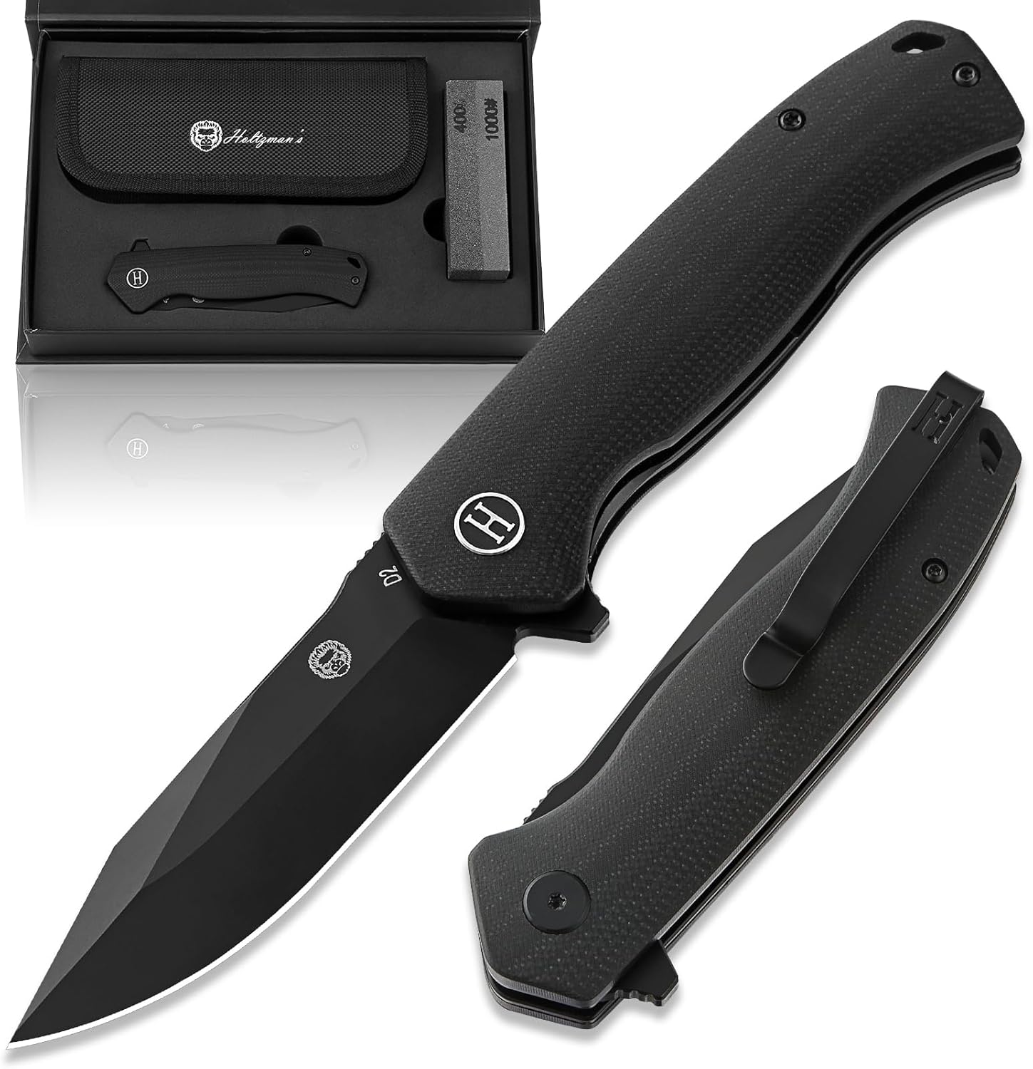 Holtzman's Gorilla Survival Folding Pocket Knife with D2 Steel Blade and Black G10 Handle - EDC Gift Set for Men and Women - Perfect for Everyday Carry