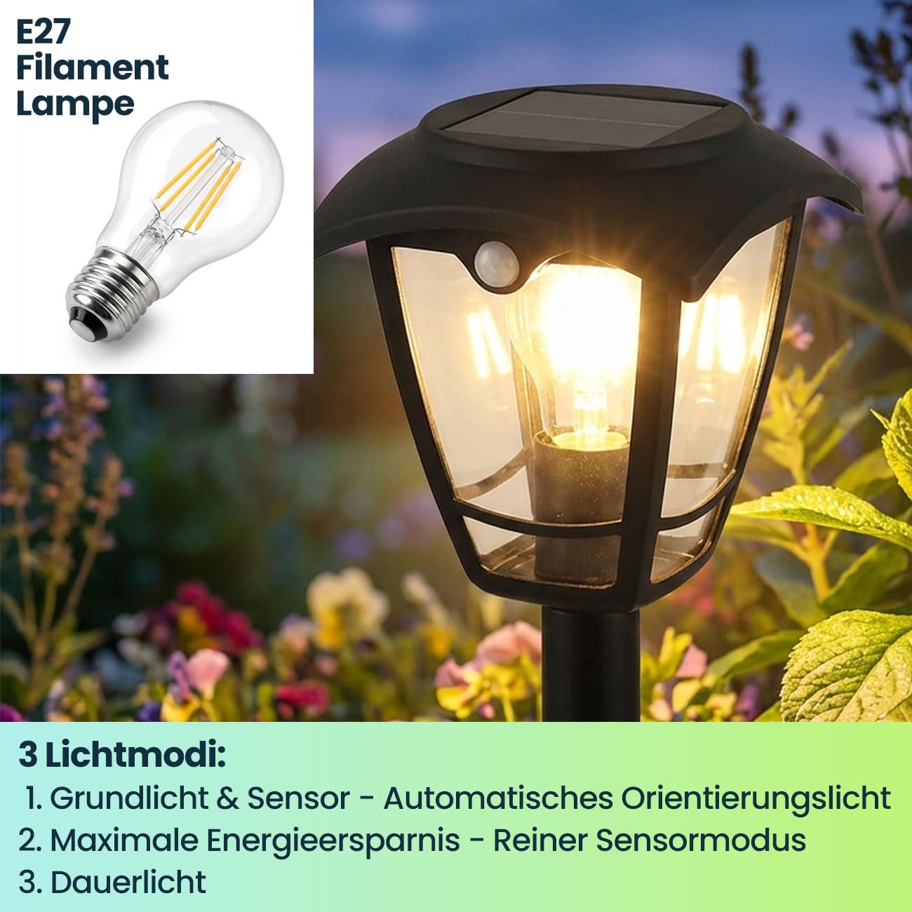 ideoon 2er-Set Solar-LED-Gartenlaterne mit PIR Bewegungssensor 90° & 6m Reichweite, IP44 Wasserfest, E27 Filament Lampe, 3 Modi, 111,5 cm, Aussenleuchte
