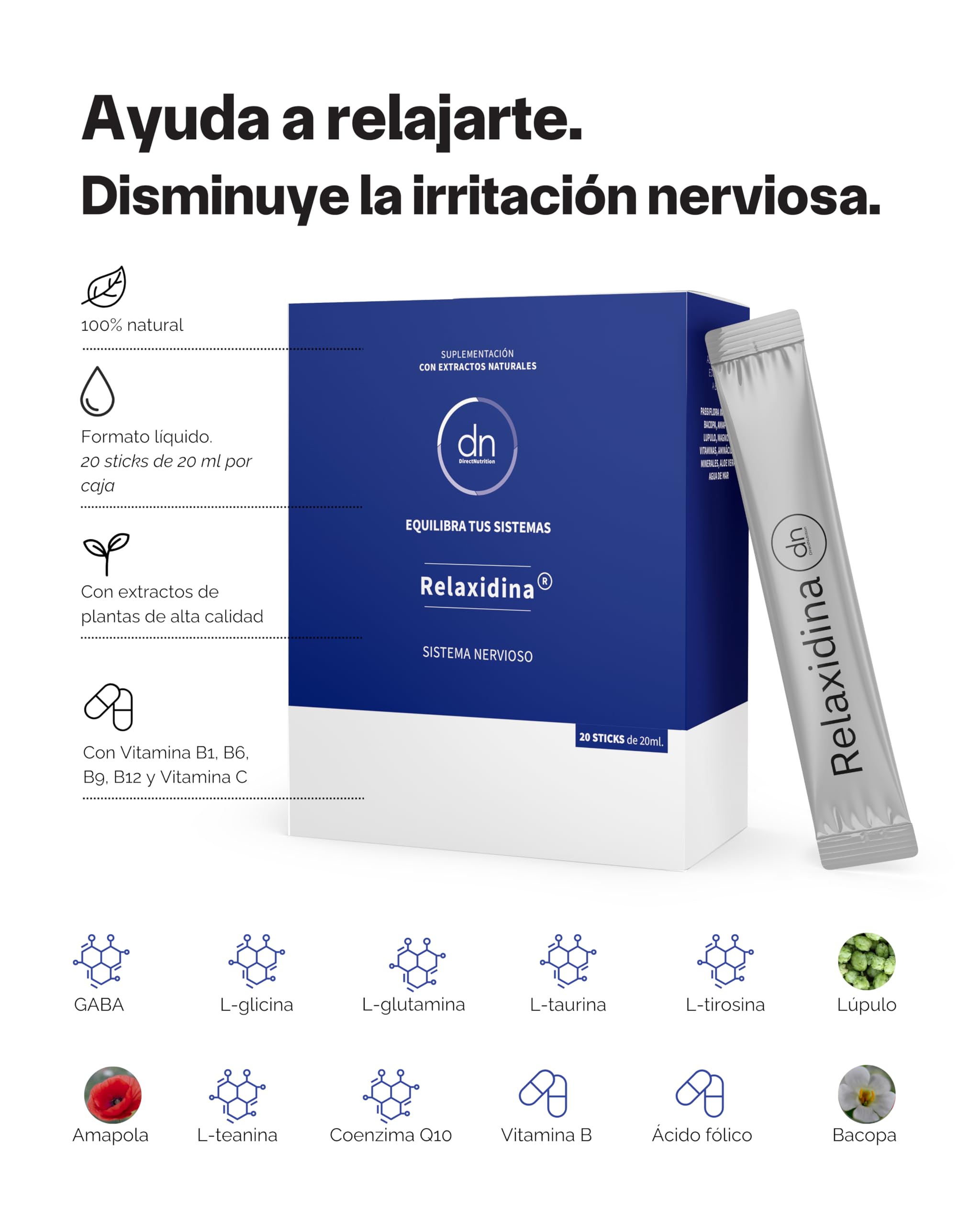 Relajación y nervios en calma | GABA 400mg + Pasiflora + Bacopa + Magnolia | Relaxidina® | 20 viales bebibles | DN Direct Nutrition