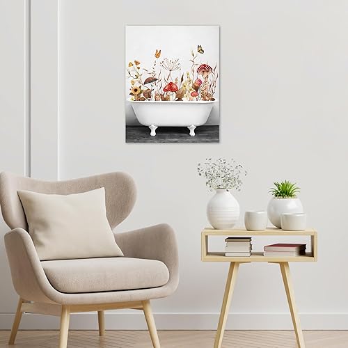 Miniatura 4 de HVEST Arte de pared floral de hongos vintage, mariposa roja y flor naranja con hojas marrones en lienzo para bañera, arte de pared de plantas
