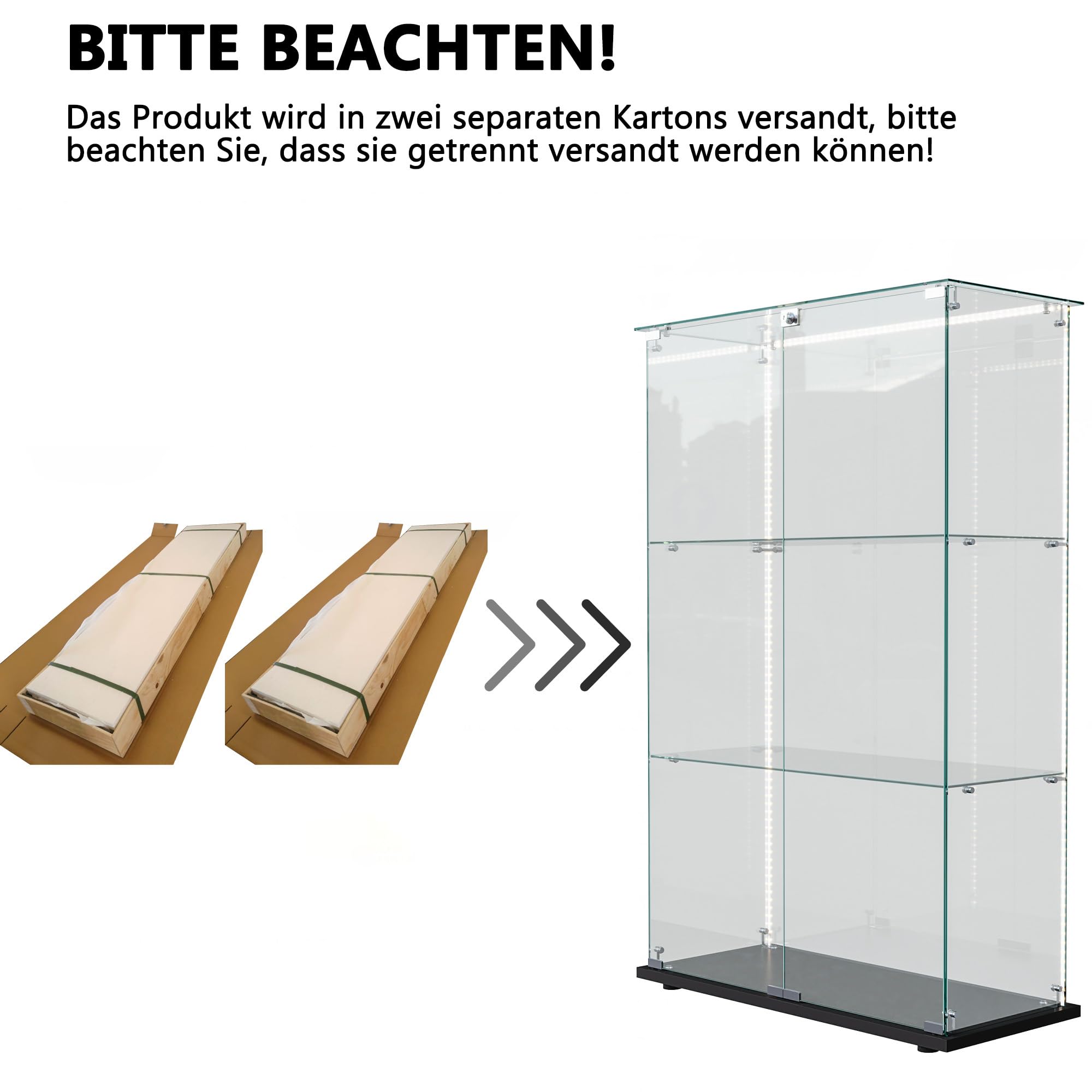 Vitrina de cristal con iluminación LED, armario de vitrina con cerradura, vitrina de cristal a prueba de polvo para colecciones, vitrina de pie para salón, dormitorio, oficina (negro+barra de luz+2