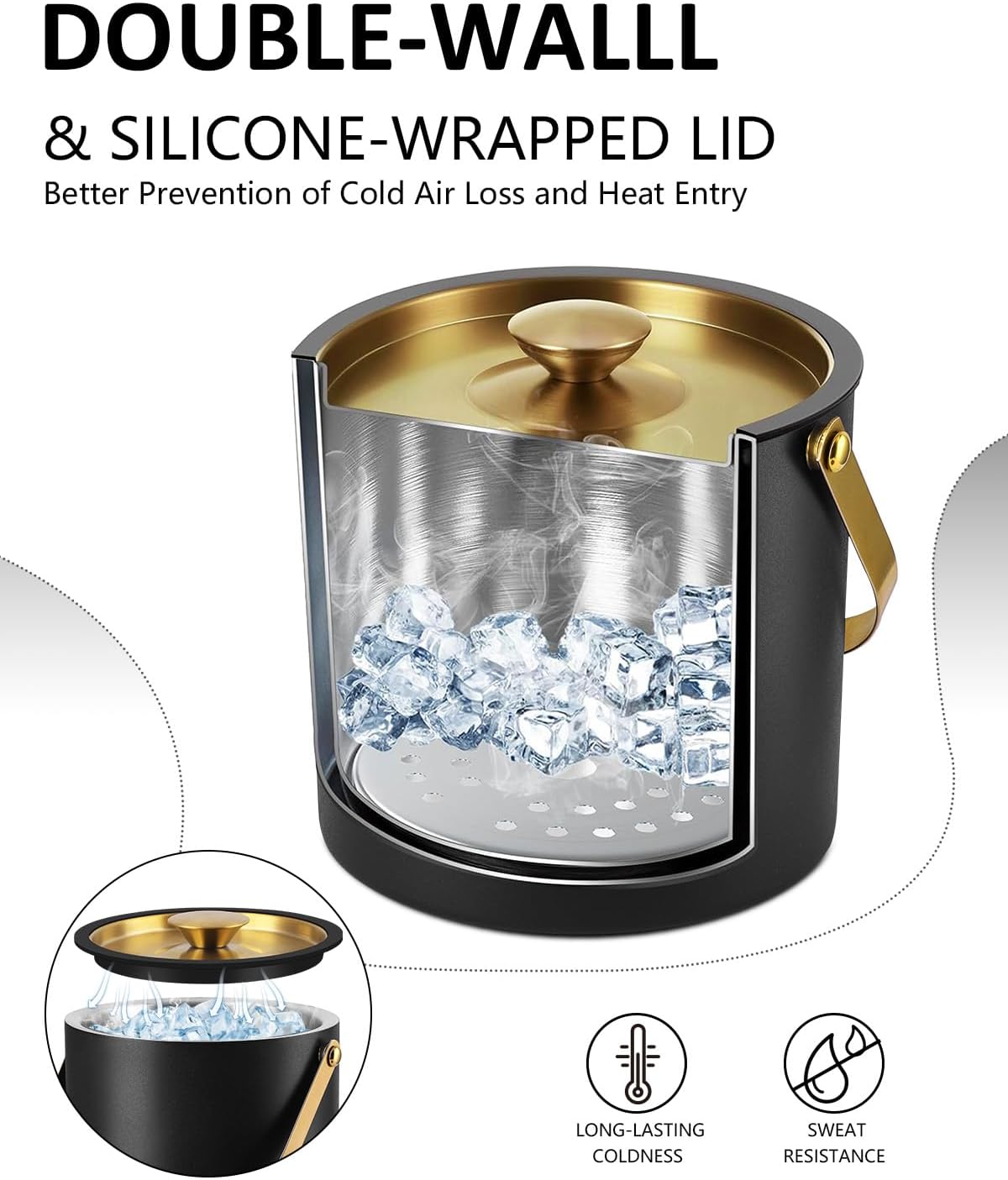 3L Ice Bucket with Silicone Lid, Scoop, Gold Tongs & Strainer, Stainless Steel Double Wall Insulated Ice Buckets for Parties & Cocktail Bar, Outdoor Champagne Ice Container Bin, Black - Image 3