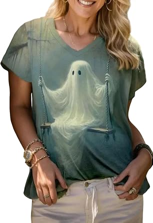 Halloween Horror Movie T-Shirt Tops Women Spooky Graphic Blood Horror Shirt V-Neck Season Tops