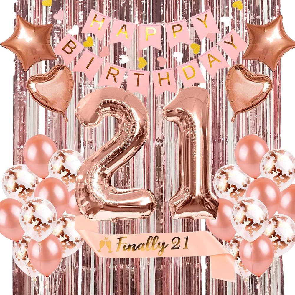 21st Birthday Decorations Party Supplies Kit for Her - Finally 21 Birthday Sash, Happy Birthday Banner, Number 21 Birthday Balloons, Rose Gold Curtain,Confetti Balloons,Latex Balloons