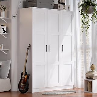Fenghua Lizhi 3-Door White Wooden Wardrobe Armoire - Freestanding Bedroom Closet with Shelves & 50lb Hanging Rod