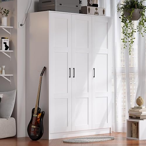 Fenghua Lizhi 3-Door White Wooden Wardrobe Armoire - Freestanding Bedroom Closet with Hanging Rod and Storage Shelves