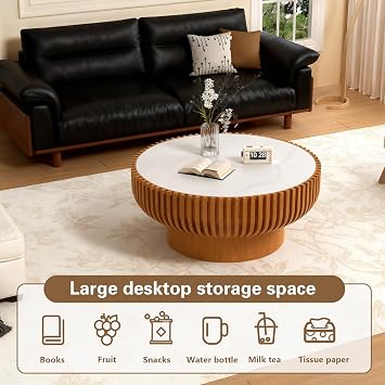 31.5 in Round Drum Fluted Coffee Table with sintered Stone top | Modern Round Drum Center Table Handcrafted Solid Wood Fluted Edge, Sturdy Cylindrical Base For Living Room, Apartment