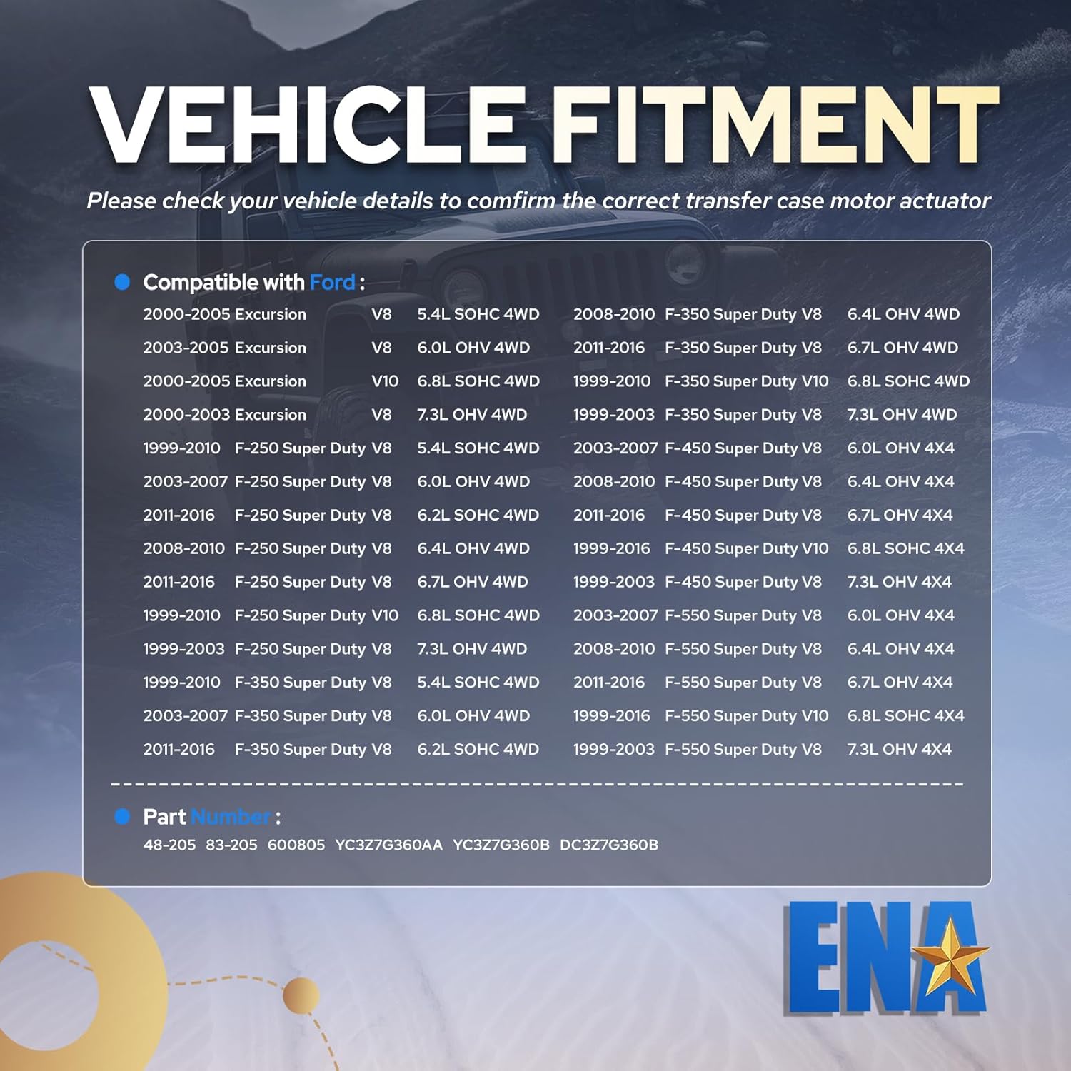 ENA Transfer Case Motor for 600-805 YC3Z7G360AA Compatible with Ford Excursion F-250 F-350 F-450 F-550 Super Duty 1999-2010 5.4L 6.0L 6.2L 6.4L 6.8L 7.3L Replacement for 706600805CMC 48-205 83-205