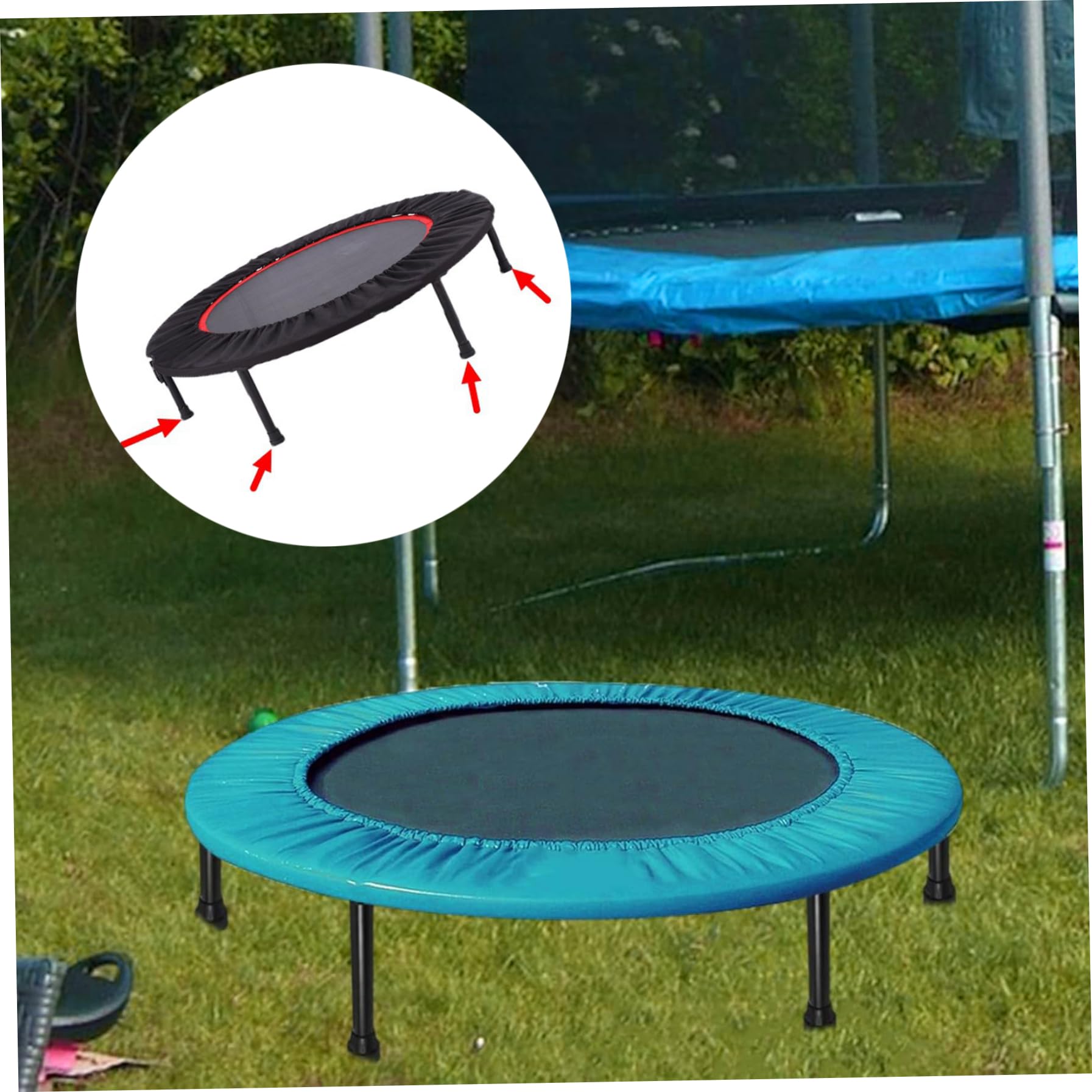 Uniwersalne wymienne nogi do trampoliny – zestaw 4 sztuk części mini trampoliny ze stali nierdzewnej 18 cm z pokrowcami i poduszkami, trwały sprzęt do skakania dla większego bezpieczeństwa