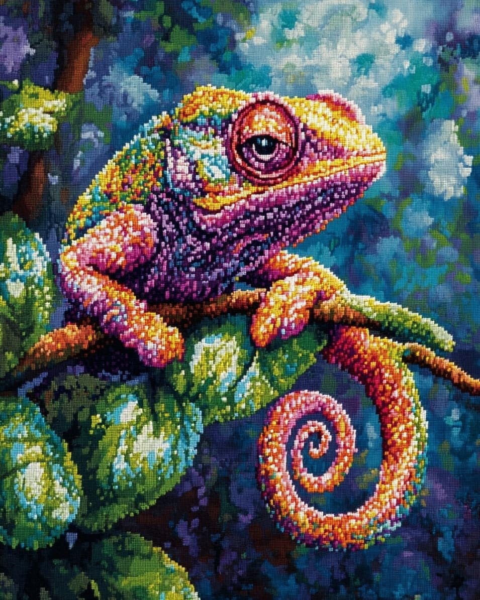 WallustrioaW Art Pre Printed Cross Stitch Kits for Adults Beginners,Chameleon Animals,11CT Stamped Embroidery Kit Wall Art Home Decor,16x20in
