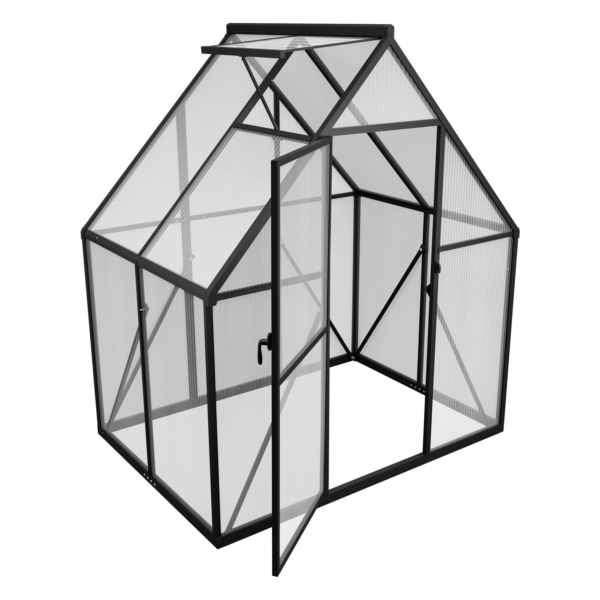Gewächshaus Aluminium, Treibhaus mit Transparent PC Platten Dachfenster & Tür & Fundament, 125x180x195cm Winterfest Gartengewächshäuser, Begehbares Pflanzenhaus für Garten Outdoor