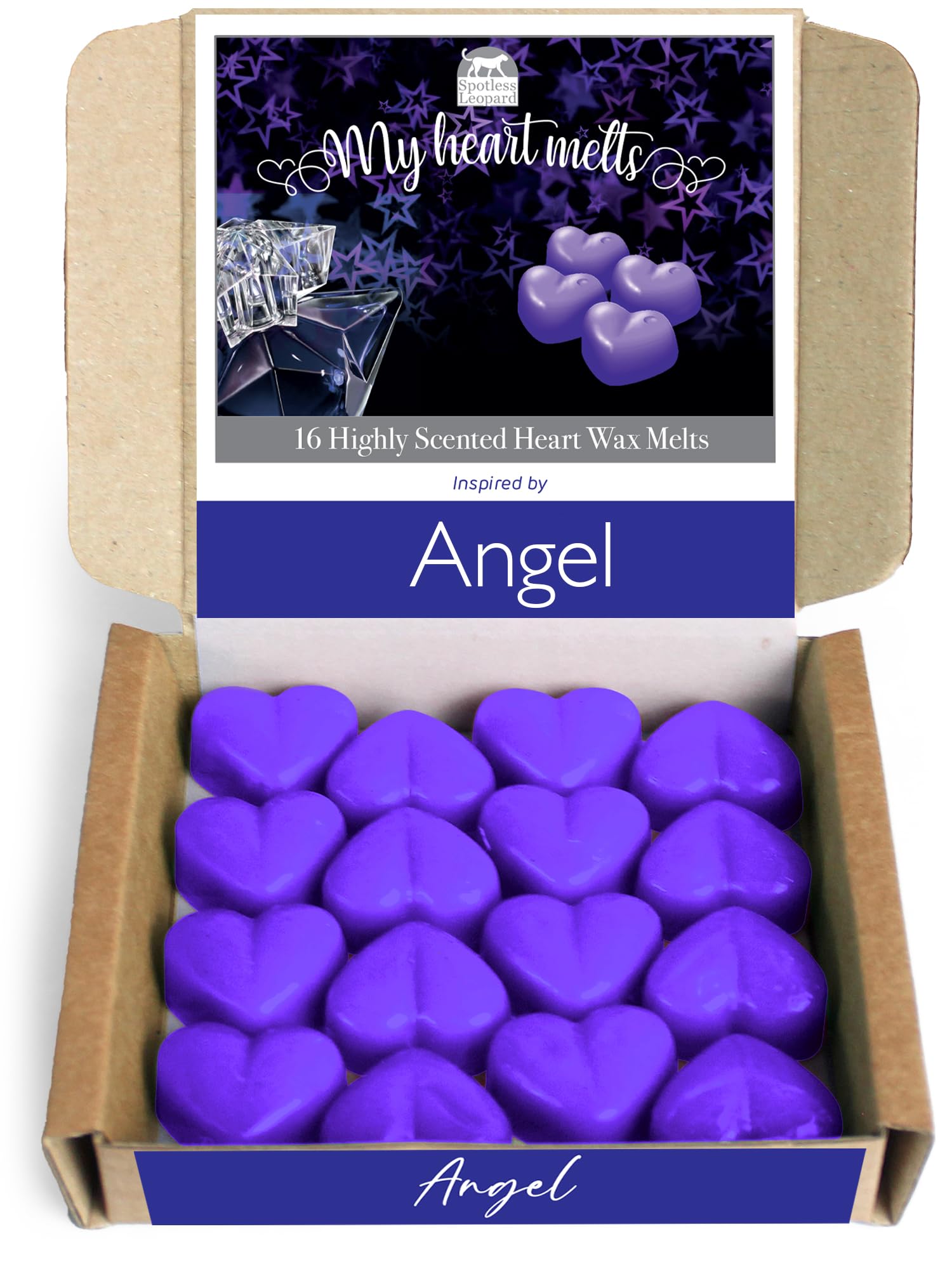 Spotless Leopard Violet Angel Wax Melts: 16 X 6G Heart Shaped Wax Melts Scented And Inspired By Angel Perfume In A Recycled Presentation Box With A Tary And Lid To Preserve Your Scent, Pet Friendly, Cruelty Free