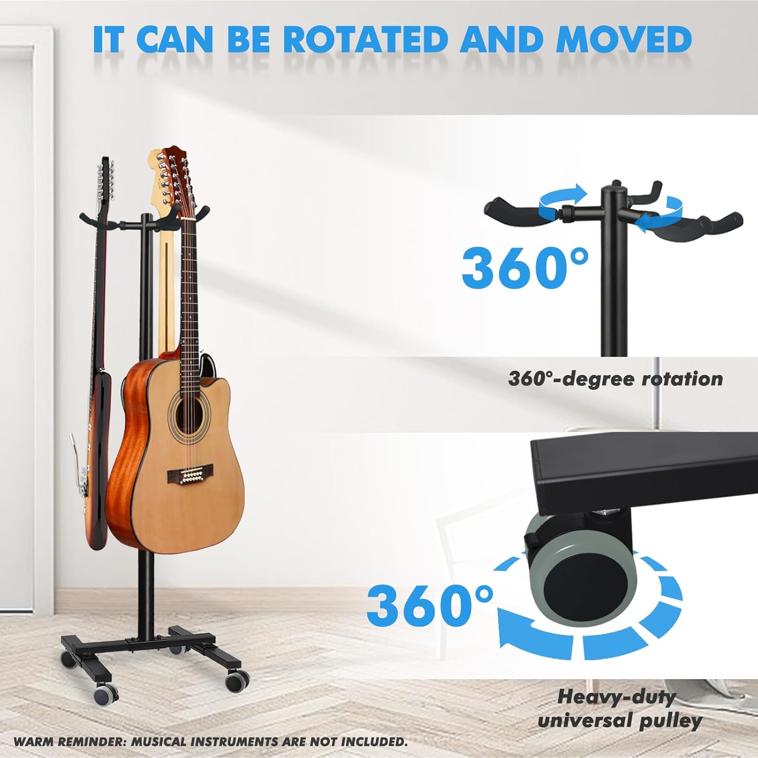 Guitar Stands With 3 Hangers, Universal Wheel Design, Heavy Duty Adjustable Guitar Holders, Folding Multi Floor Stands for Acoustic, Electric, Ukulele, Banjos, Bass, Mandolin, Instruments Display Set, Black