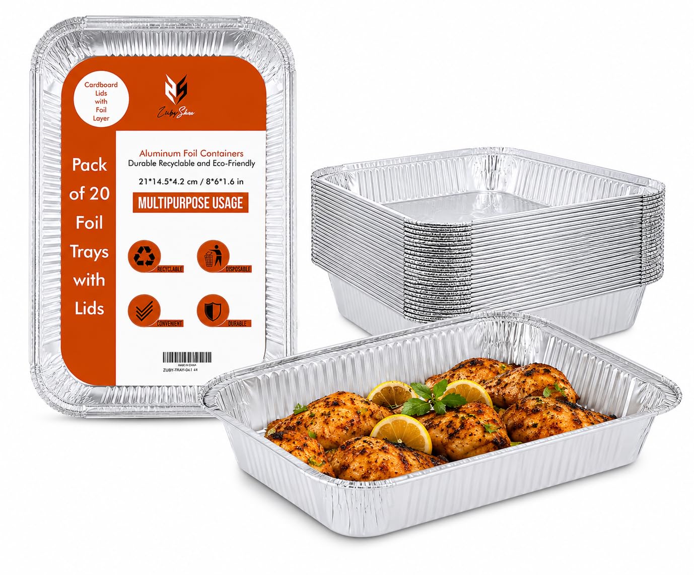 ZubyShax 20 Pack Large Aluminium Foil Trays Deep (21 x 14.5 x 4.2cm) – Heavy Duty Tin Foil Containers for Baking, Roasting, BBQ, Meal Prep, Food Storage & Party Catering (800ml)