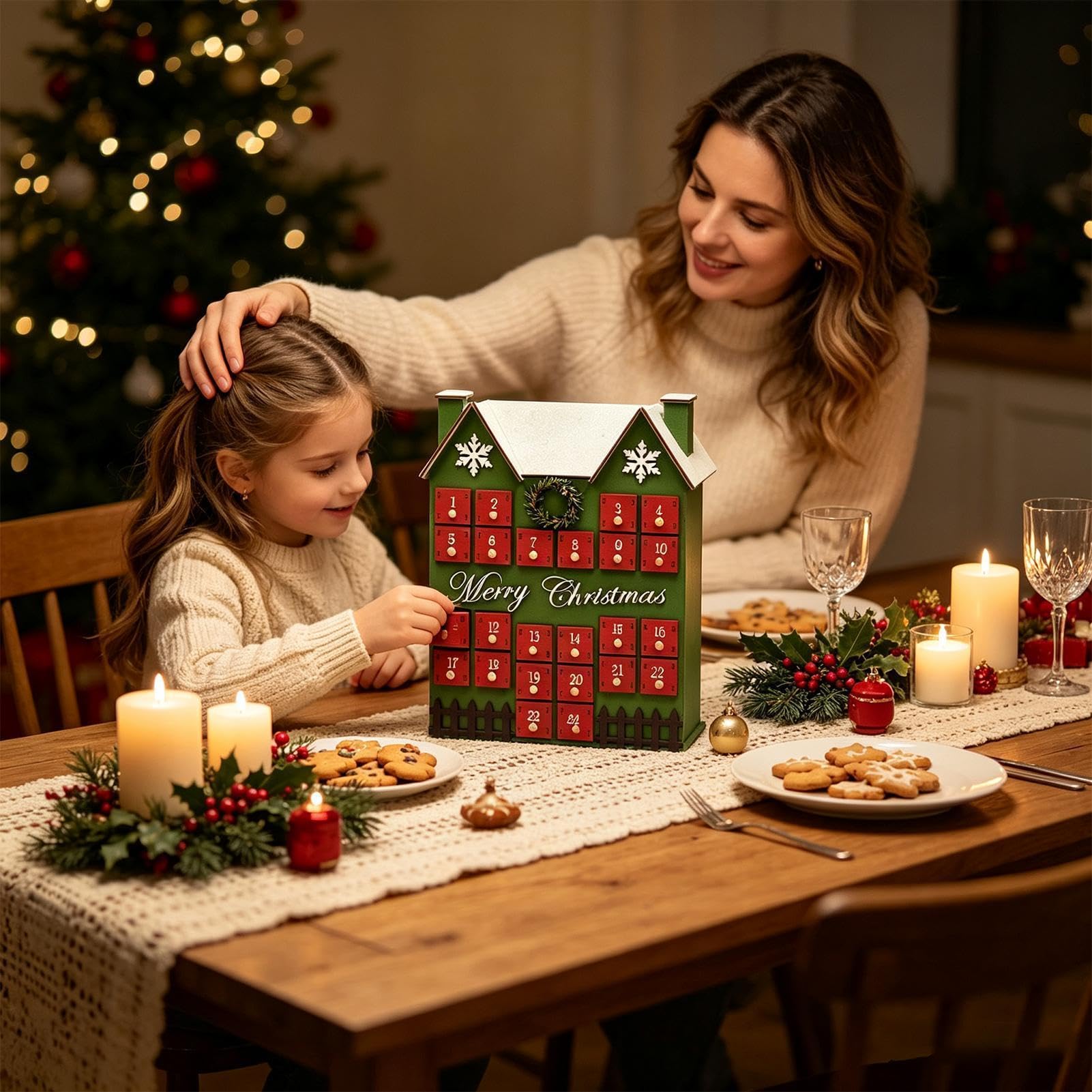 Calendrier de l'Avent en Bois Décoration de Noël en Forme de Maison 24