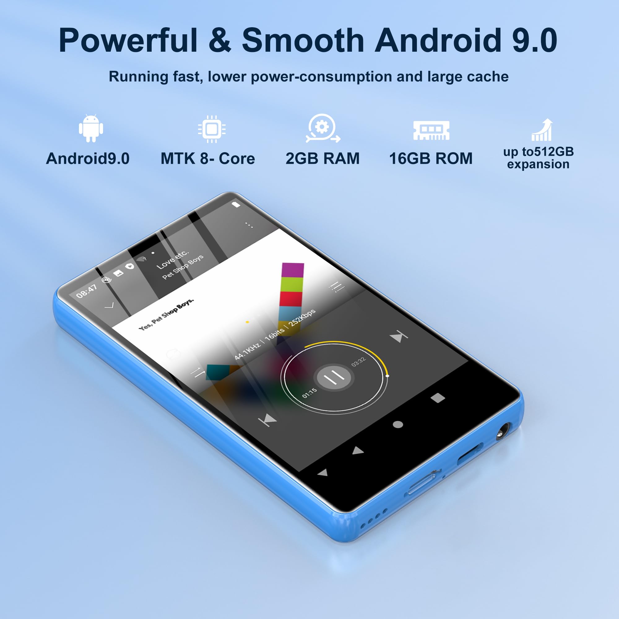 SWOFY Lettore MP3 MP4 con touch screen da 4,0 pollici, Bluetooth e Wi-Fi, lettore musicale stereo portatile con radio FM, registratore, lettore e-book, browser (nero) (blu)