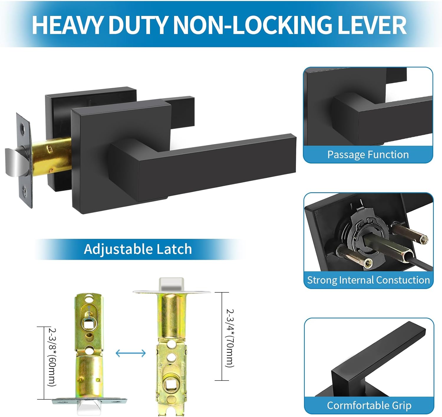 Color Black Passage Door Lever, Matte Black Interior Door Handles for Hallway& Closet Heavy Duty Non-Locking Lever Sets Keyless Door Knobs Lockset for Right & Left Side Door, 2 Pack