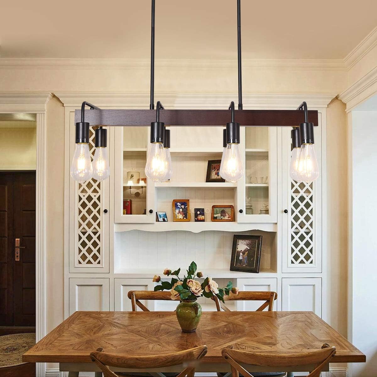 Flash Sale 8-Light Rustic Farmhouse Kitchen Island Lighting, Wood and Metal Linear Chandelier, Modern Industrial Pendant Light Fixture for Kitchen Island Dining Room Living Room Table