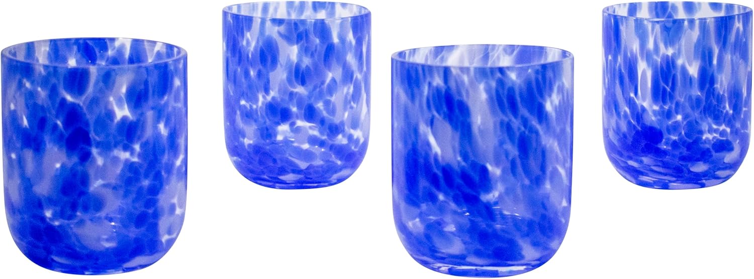 Stephanie Imports Set of 4 Handcrafted Double Old-Fashioned Confetti Drinking Glasses, 12 oz (Ocean Blue & White)