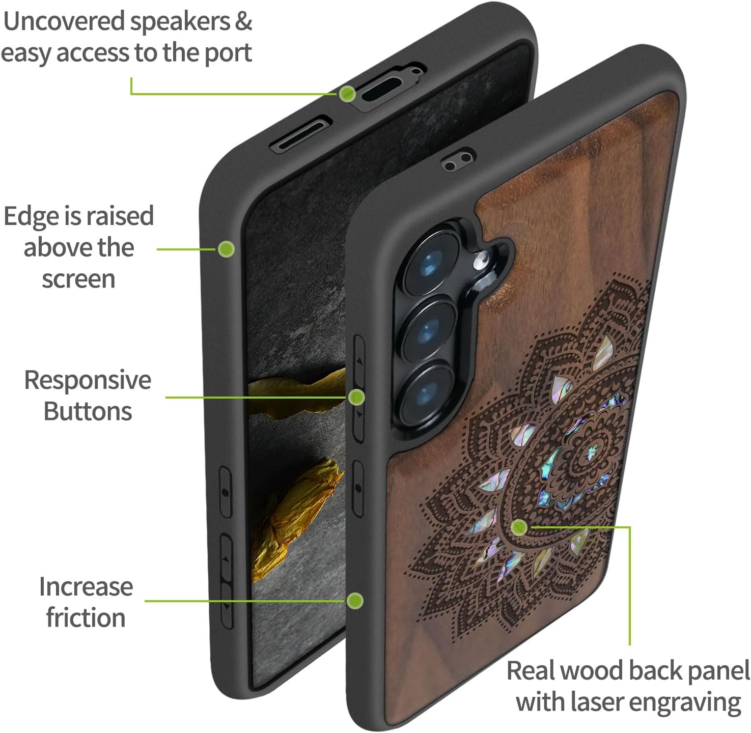 Carveit Designer Wooden Case for Samsung Galaxy S24 Plus Case [Wood Engraving & Shell Inlay] Compatible with Wireless Chargers S24 Plus Cover (Mandala Art-Walnut)