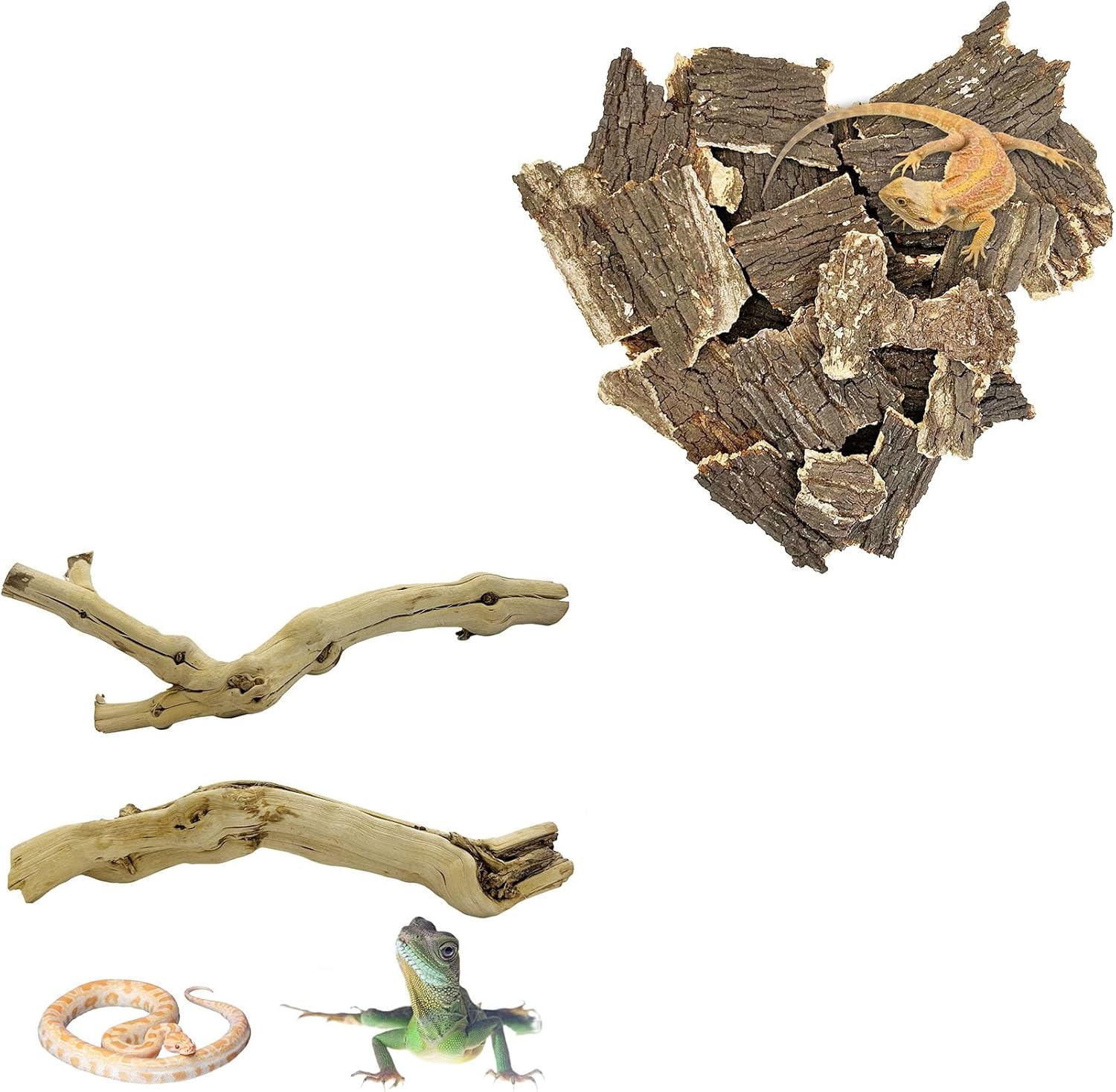 Reptile Cork Bark with Reptile Climbing Decor Thick Wood Branches Snake Habitat Decorations Terrarium Wooden Tree Trunk Ornament