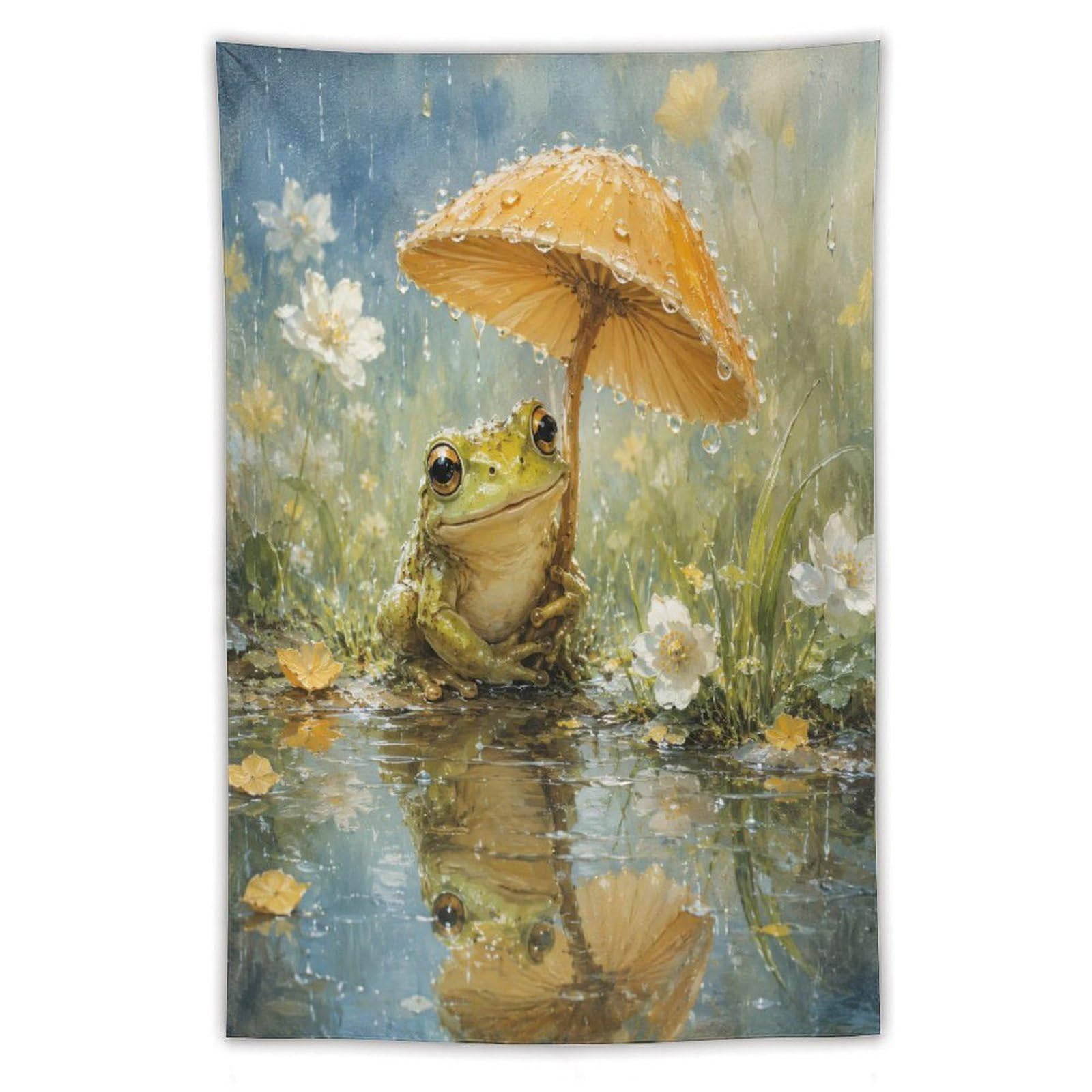 H3B8U2Y5 Umbrella Frog Wildflower Wall Tapestry, Ukiyo-e, Lotus Pond Scene