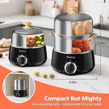 Hard Boiled Egg Cooker - CACHOO 14-Egg Rapid Stainless Steel Egg Boiler with 30-Min Timer & Auto Shut Off, Compact Electric Vegetable Steamer for Cooking, Dishwasher Safe, Black