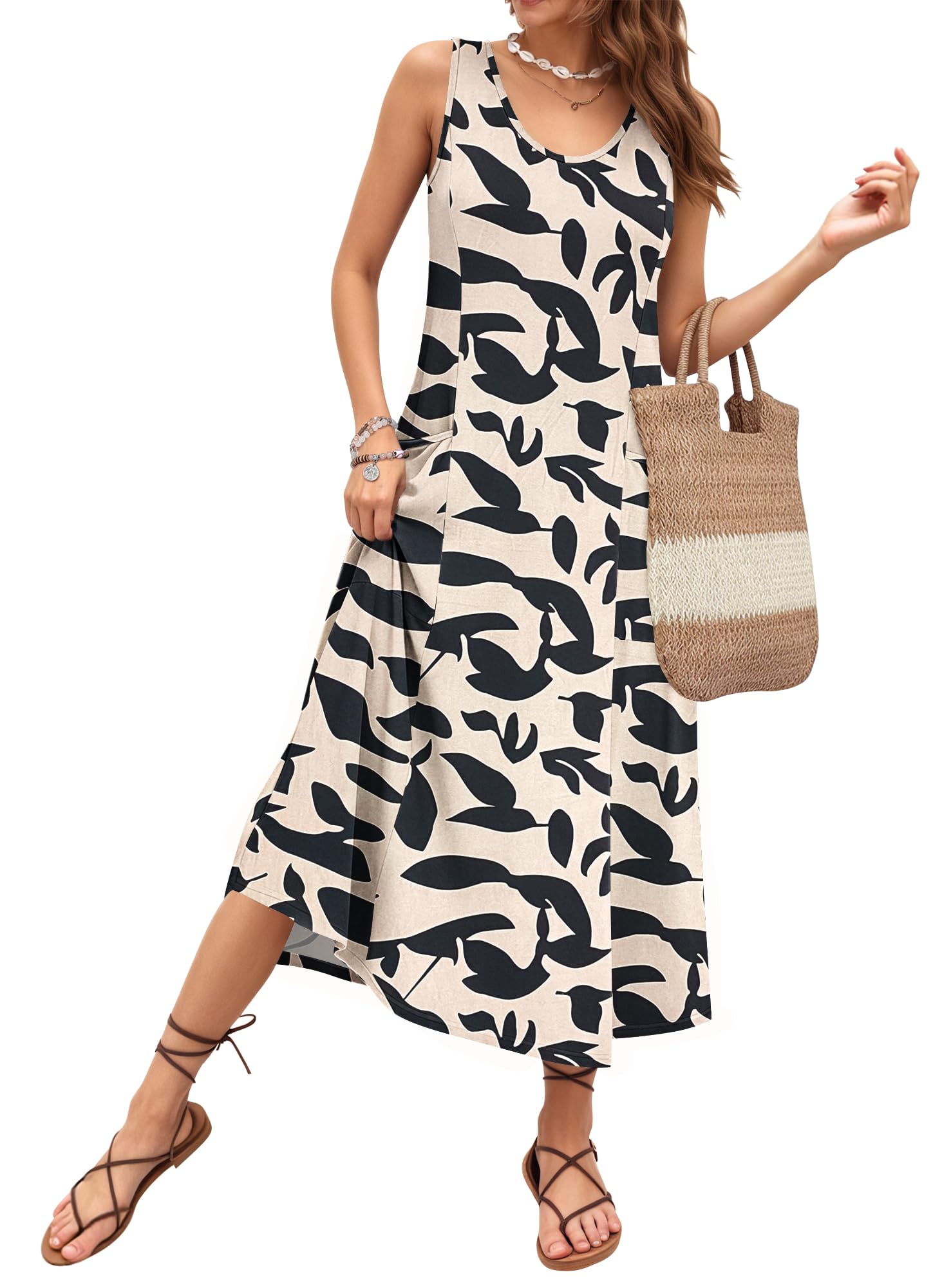 AUSELILY Sommerkleid Damen Lang Ärmellose Lockeres Maxikleider Damen Sommer U-Ausschnitt A Linien Strandkleid Damen Luftig Urlaubskleid mit Taschen