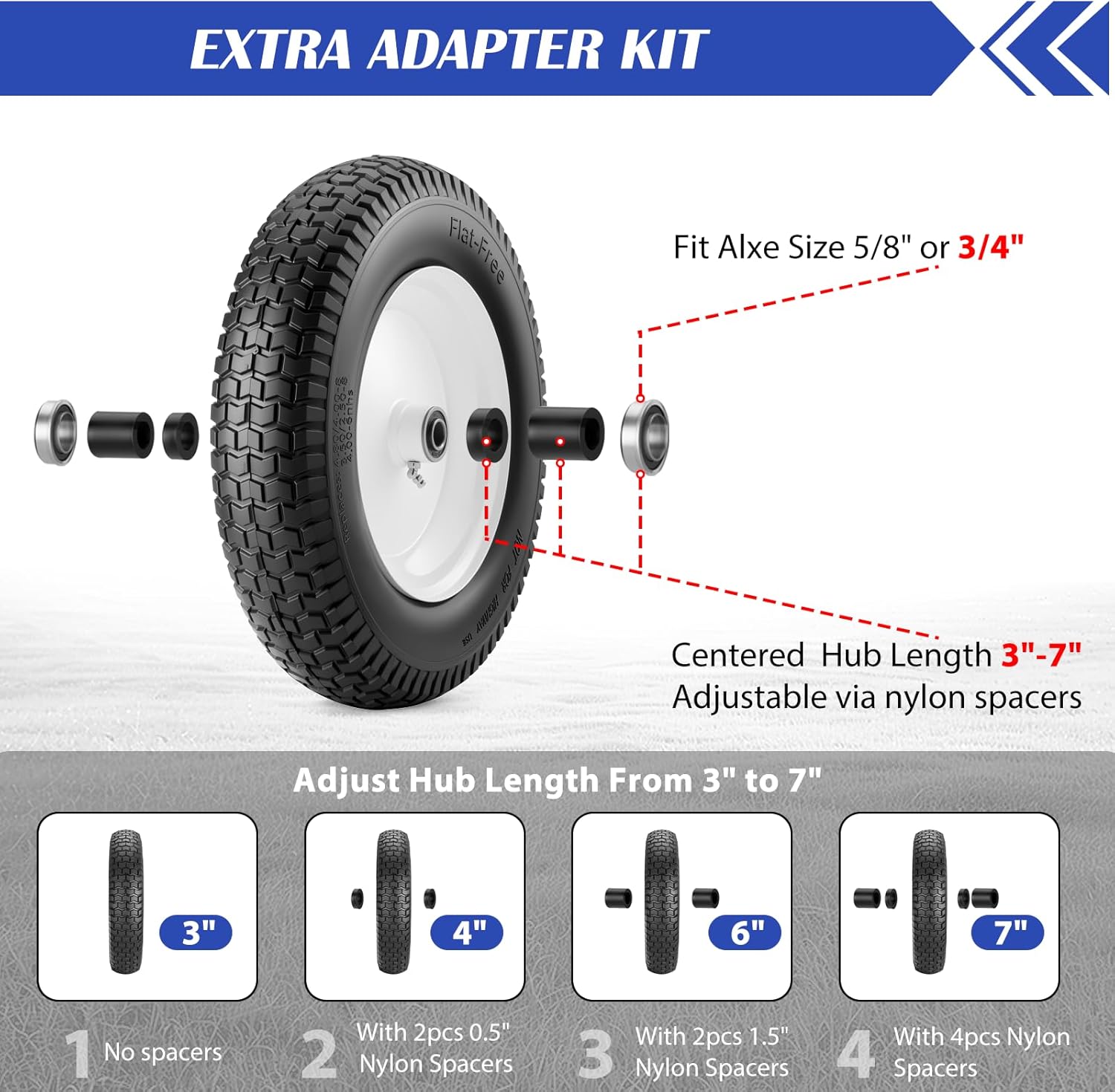 4.80/4.00-8 Tire, 14.5" Flat-free Solid Tire Wheels with 5/8" Axle Bore Hole, 3-7" Centered Hub, Universal Fit 4.80/4.00-8, 3.50/3.00-8, 4.00-6 Wheelbarrow Wheels(White, 1 Pack)
