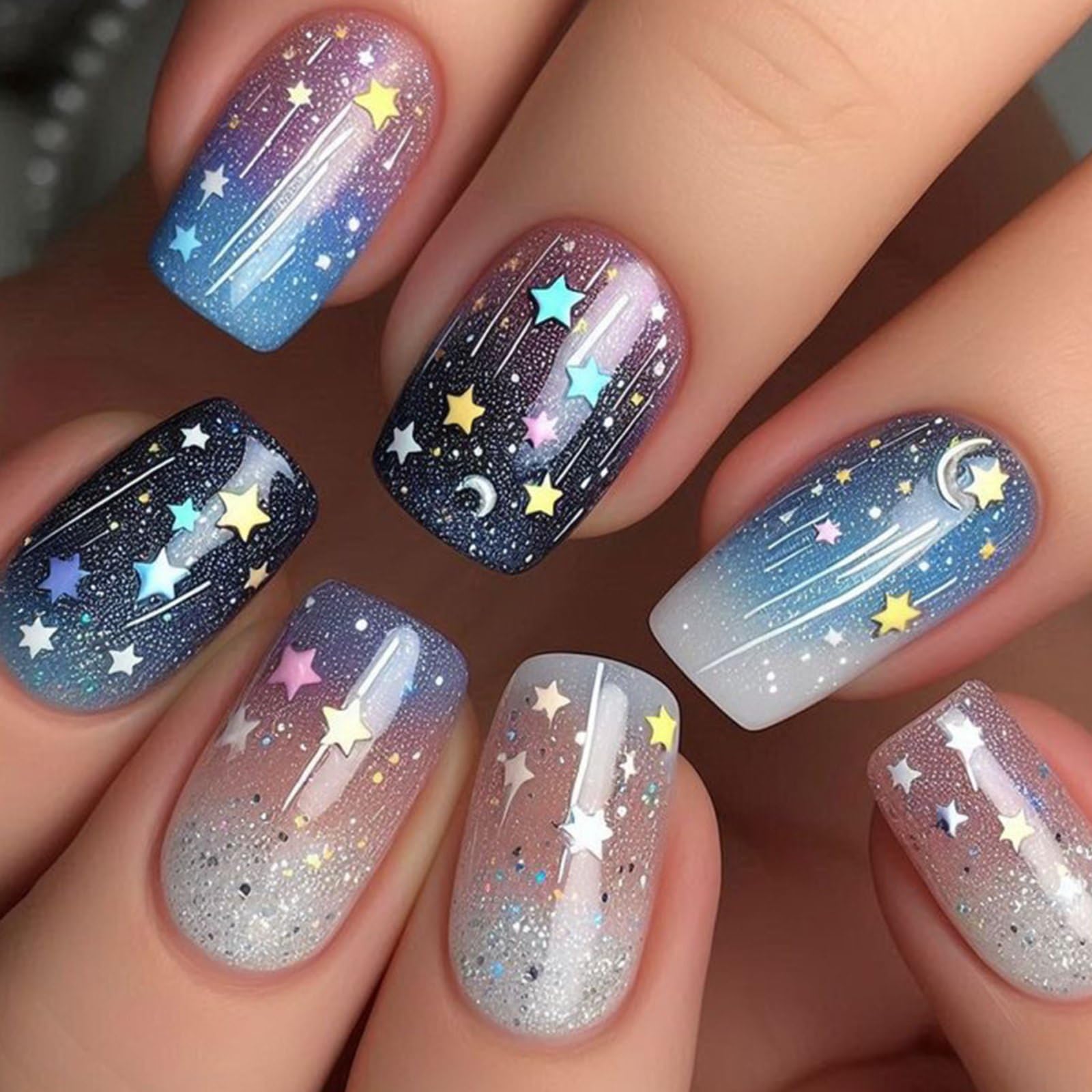 Star Press on Nails Medium Square Fake Nails Shiny Starry Sky Design False Nails Glossy Colorful Stars Glue on Nails Full Cover Glitters Stick on