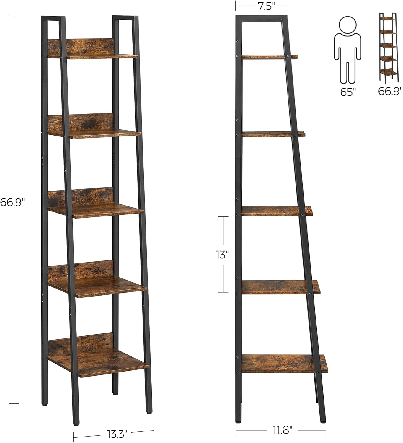 VASAGLE Bookshelf, 5-Tier Narrow Book Shelf, 11.8 x 13.3 x 66.9 Inches, Ladder Shelf for Home Office, Living Room, Bedroom, Kitchen, Rustic Brown and Ink Black ULLS109B01 - Image 3