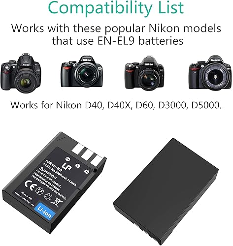 Miniatura 7 de LP EN-EL9 EN EL9a Batería, batería recargable de iones de litio, compatible con cámaras Nikon D40, D40X, D60, D3000, D5000, cargador Nikon MH-23