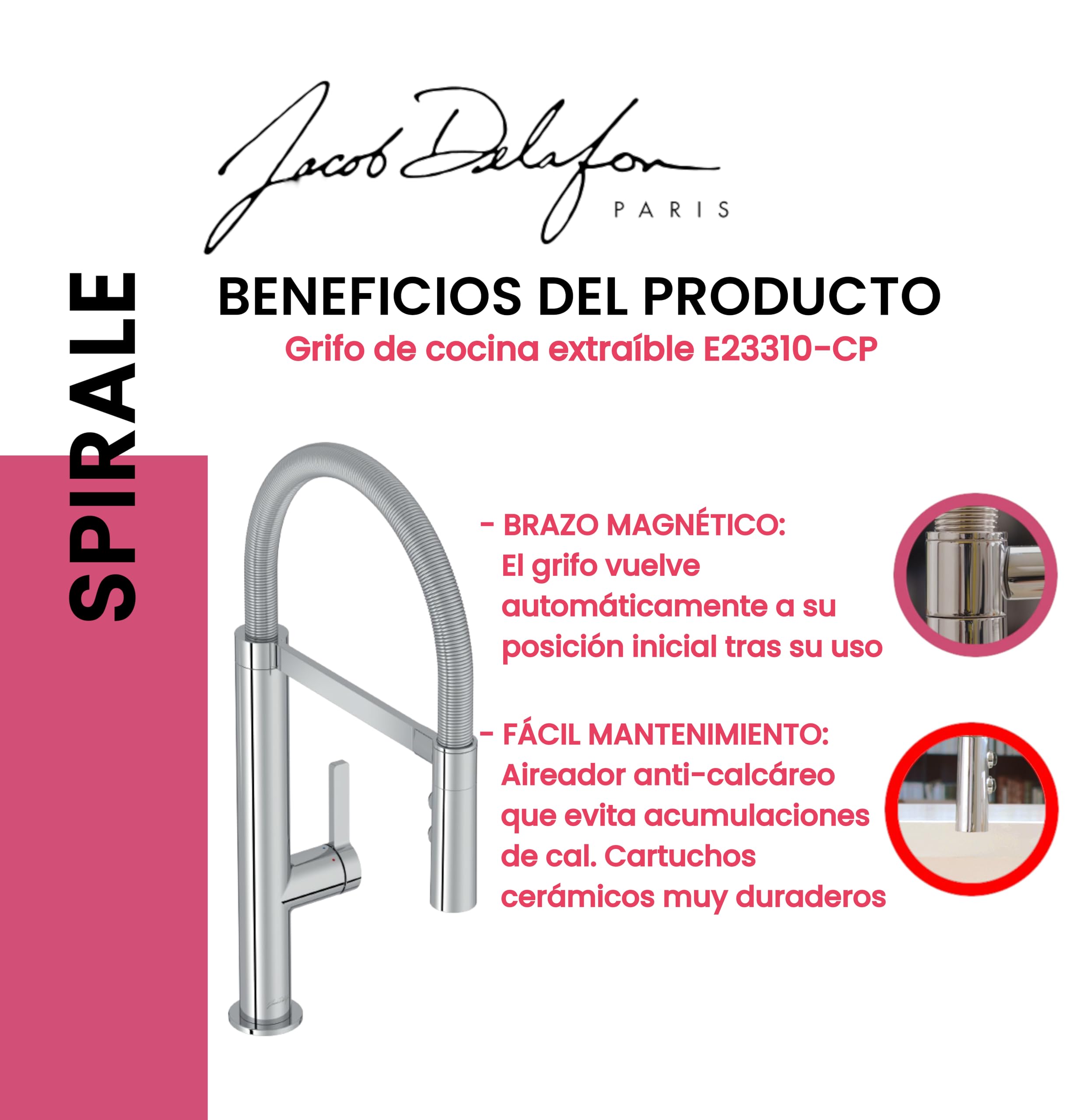 Grifo de cocina profesional Jacob Delafon Caño orientable 360 grados Ducha extraíble con 3 funciones Brazo magnético Ahorro de agua y de energía SPIRALE E23310-CP