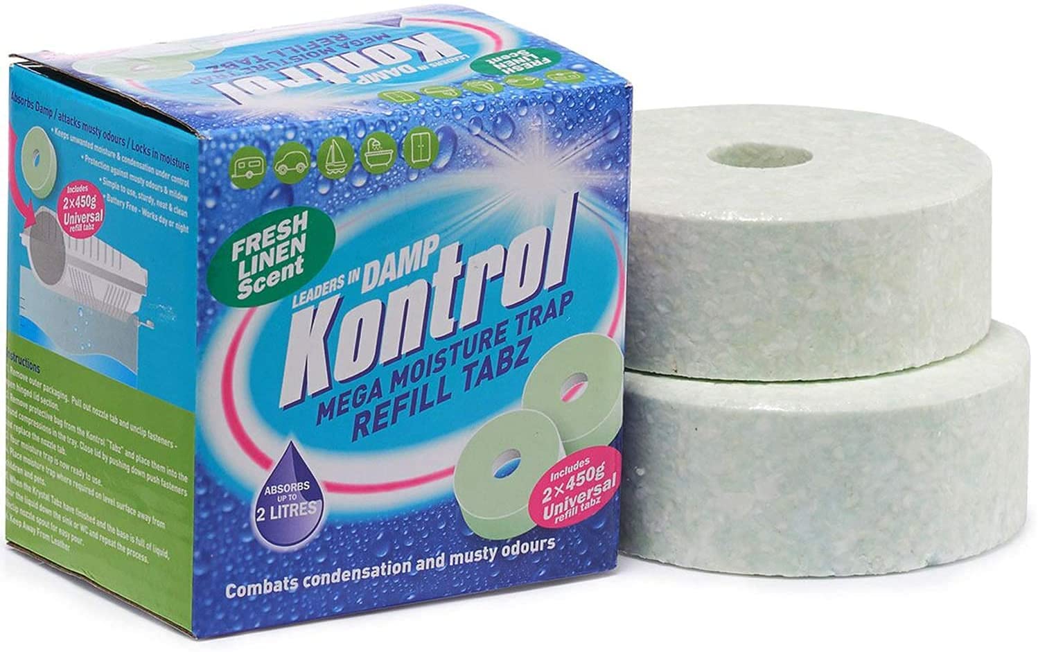 Kontrol 2 X Mega Moisture Absorber Trap Refill Tabz 2 X 450G Fresh Linen Fragrance