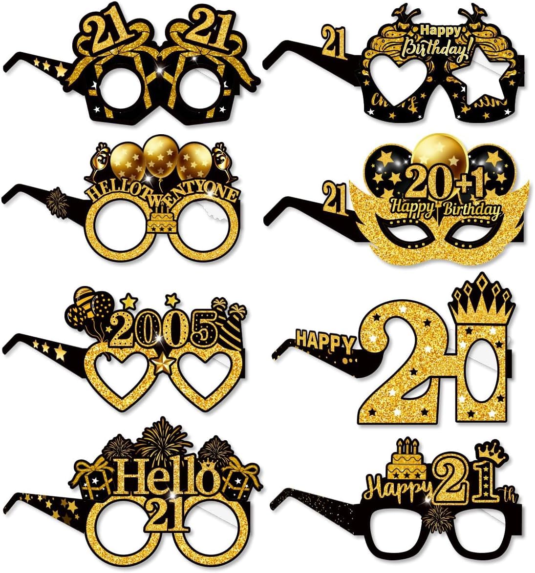 RETWOT 21st Birthday Decorations - Photobooth Props & Celebration Accessories - 8 Pack Gold Black Party Glasses for Adult Birthday