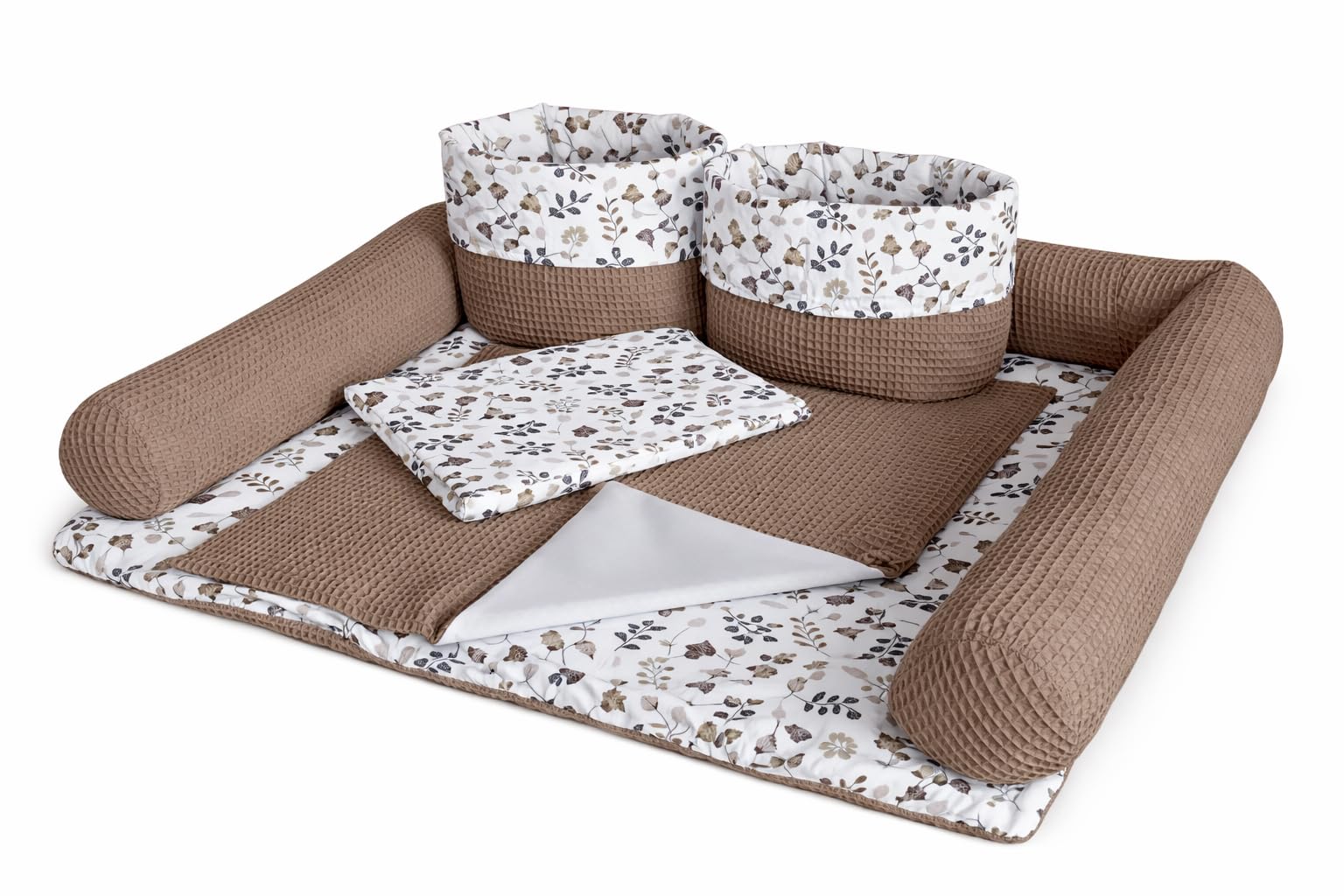 Wickelauflage Set 6-teilig – Wickelunterlage aus Baumwolle & Waffelstoff – Baby Wickelauflage – Geschenk zur Babyparty – Wickeltischauflage – 75x75 cm (Breite x Tiefe), Zweige und braun