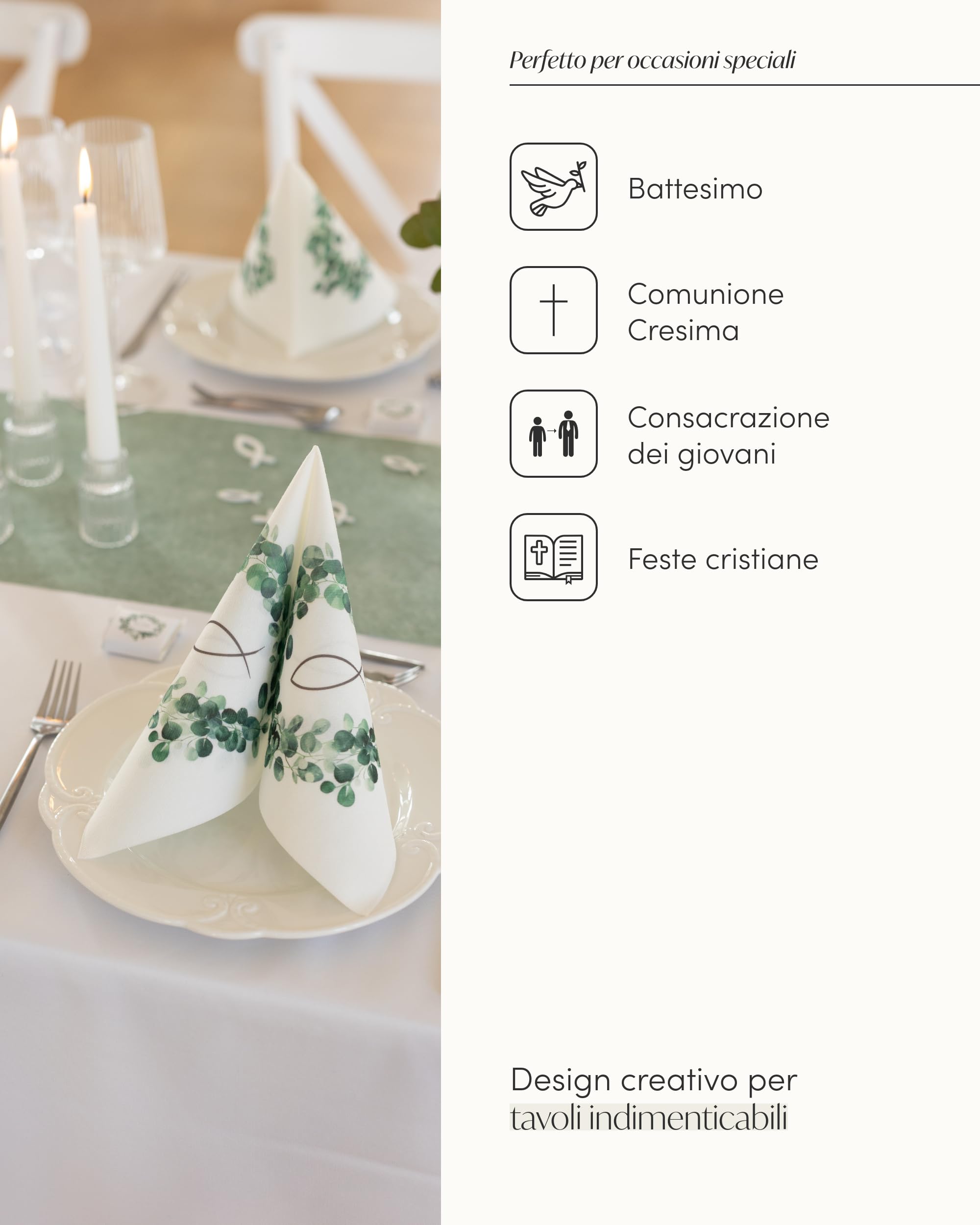 100% Mosel Kit decorazione per la tavola – Corona Eucalipto & Pesce | 25–50 ospiti – Kit completo per Comunione & Cresima con Runner in TNT, Tovaglioli airlaid, coriandoli & nastro