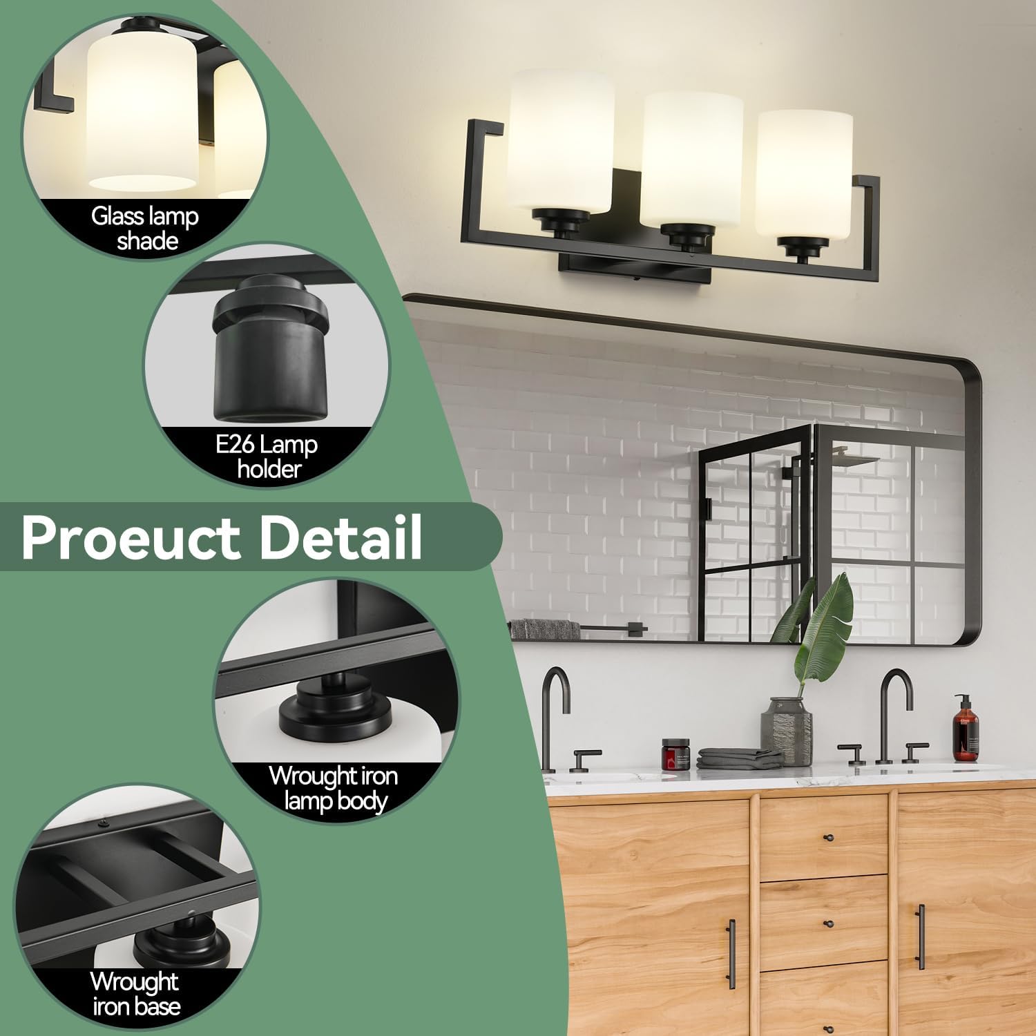 3-Light Bathroom Light Fixtures, Black Bathroom Lighting Fixtures Over Mirror with Milky White Glass Shades, Modern Vanity Lights for Mirror Hallway Bedroom Living Room