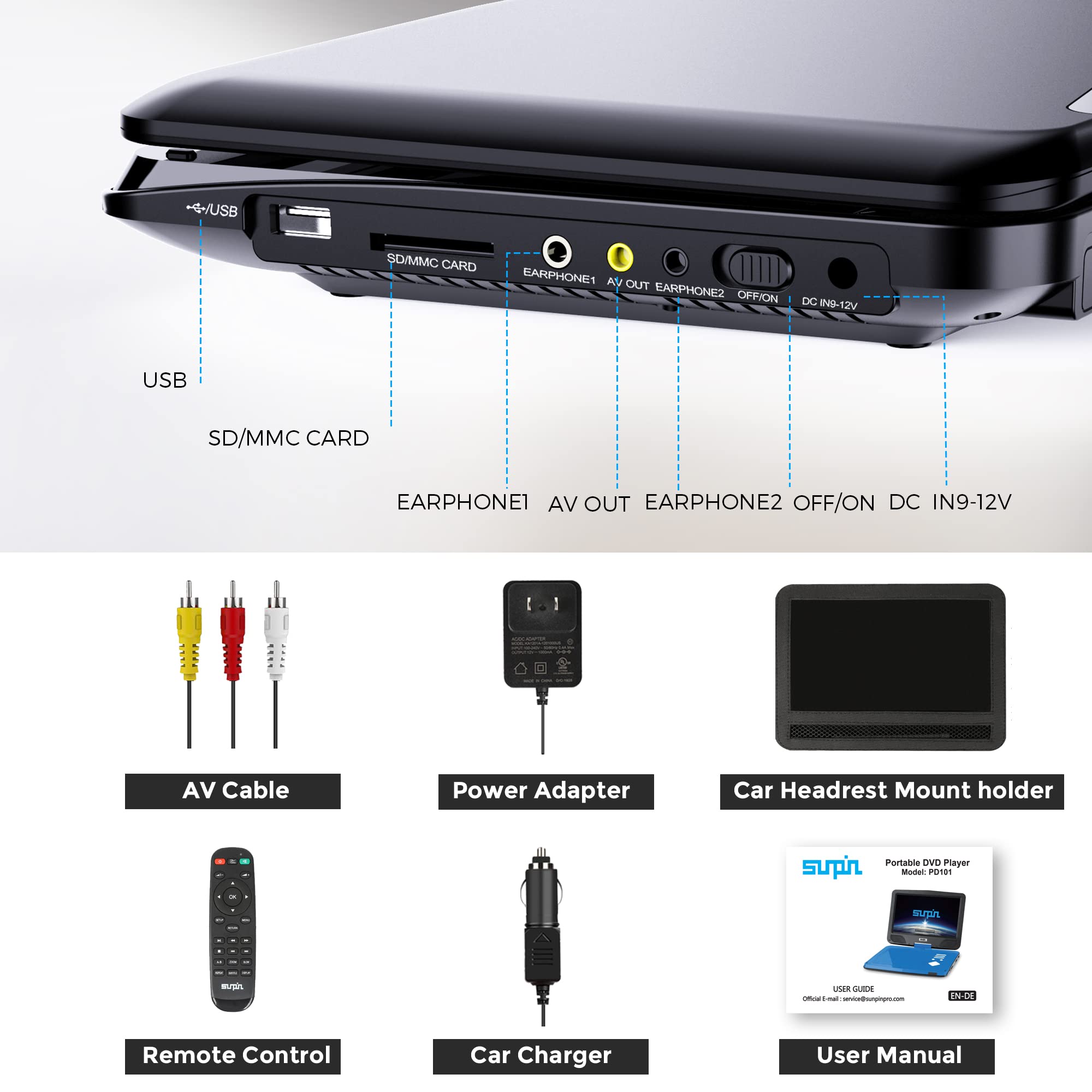SUNPIN 12,5 Zoll Tragbarer DVD Player mit 10,5 Zoll HD Schwenkbaren Bildschirm, 6h Akkulaufzeit, Region Free, AV-Out/Kopfhörerbuchse, Auto Halterung Inklusive - Ideal für Reisen/Auto/Kinder