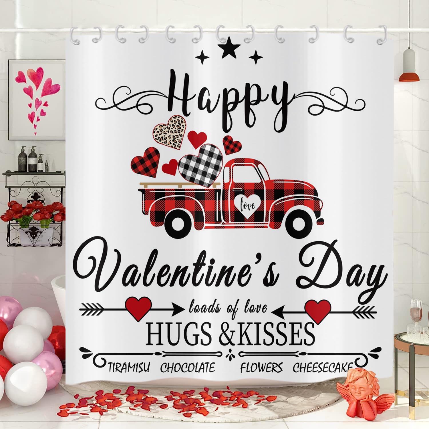 Hnmdmyi Valentine's Day Shower Curtain 120x180, Farmhouse Black and Red Buffalo Plaid Truck Love Hearts Bathroom Shower Curtains Waterproof Polyester Fabric Washable Wet Room Bath Curtains with Hooks