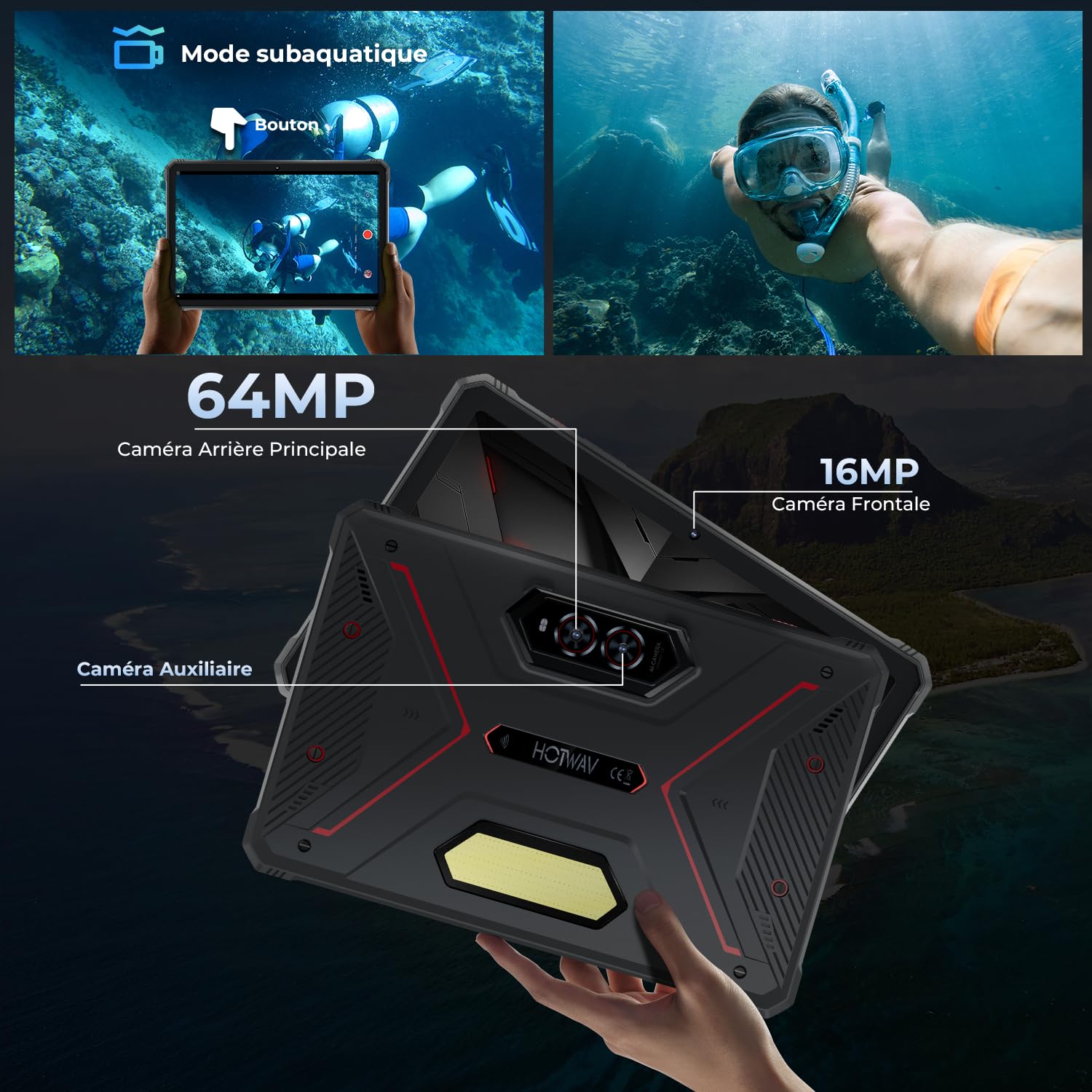 HOTWAV R9 Pro Tablette Incassable, 20Go + 256Go/TF 2To Android 14 Tablette, Écran 11" FHD+ Tablette Tactile, 20080mAh Battery, 64MP+16MP, Dual SIM 4G, WLAN 5G, Octa Core, IP68&IP69K, Face ID, GPS, OTG